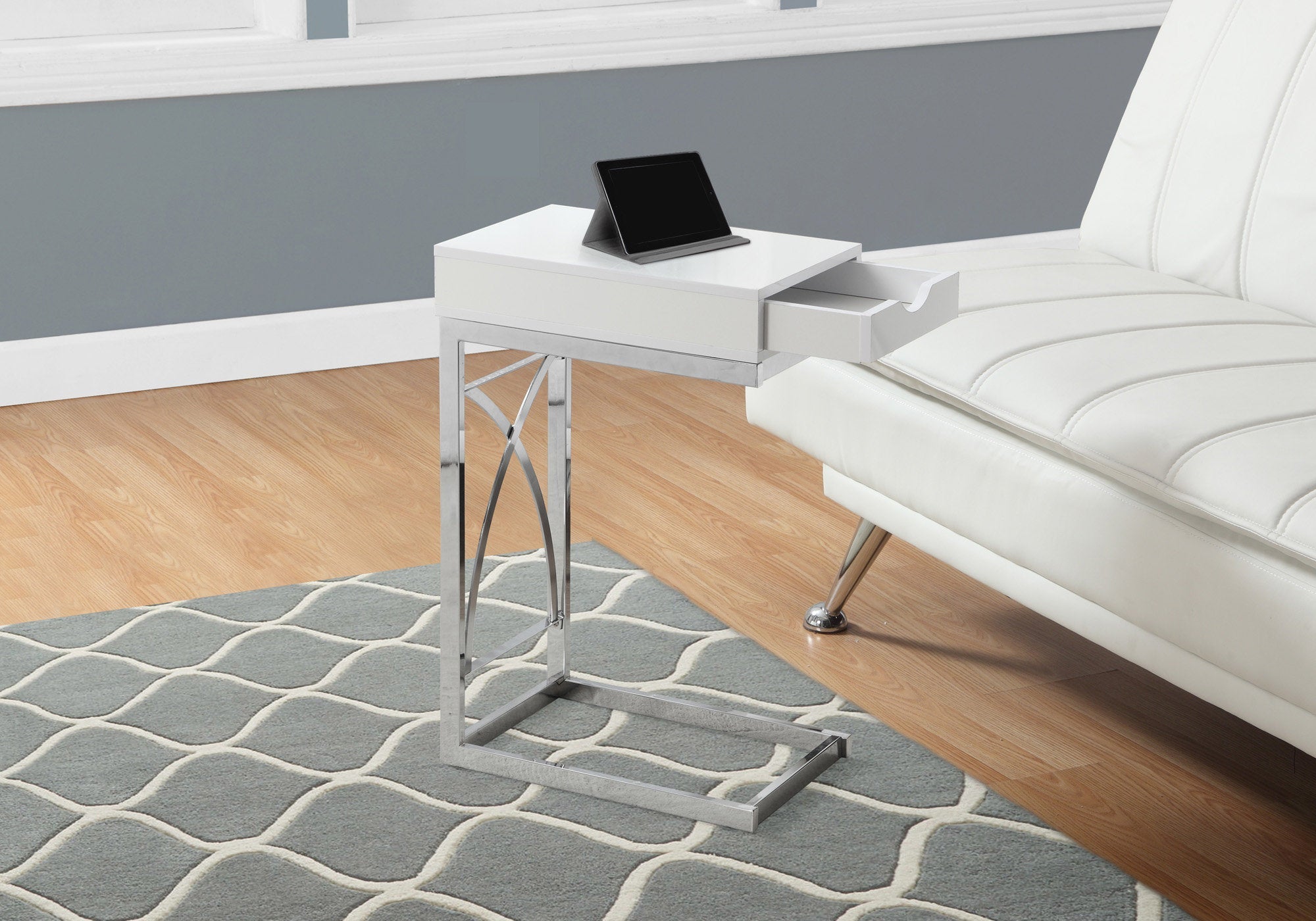 Modern Accent Table with Drawer - Chrome Metal & Glossy White Finish - Perfect for Living Room, Bedroom, or Entryway Decor