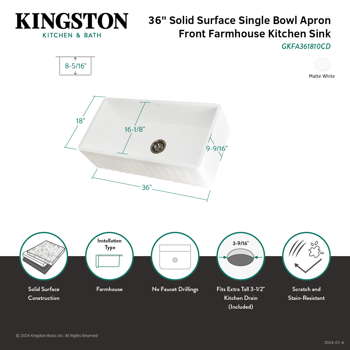 Arcticstone 36 Inch White Farmhouse Kitchen Sink - Matte White Solid Surface Single Bowl Apron Front Sink with Strainer - Perfect for Modern Farmhouse & Rustic Kitchen Designs