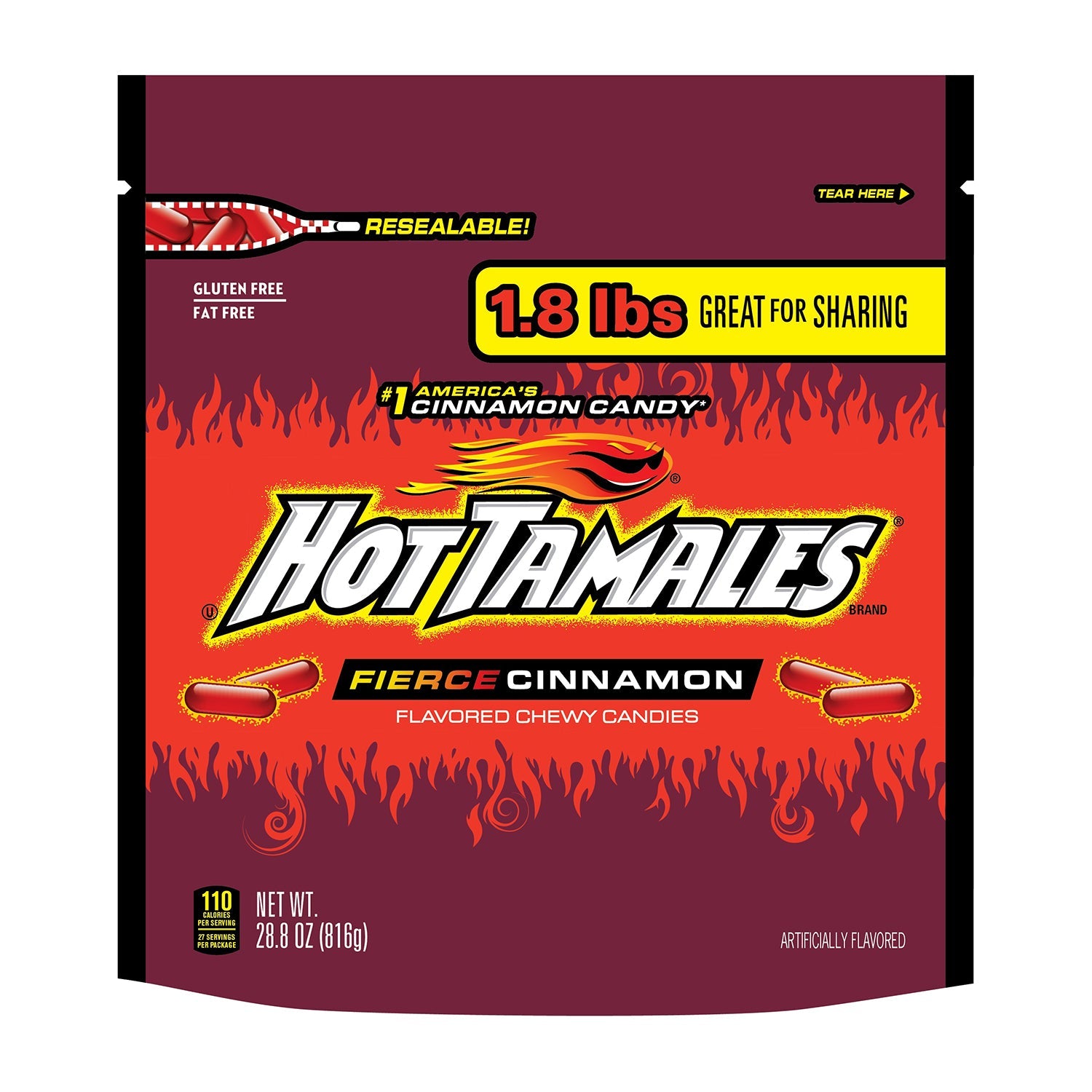 Just Born Hot Tamales Fierce Cinnamon Candy - 28.8oz Resealable Bag - Spicy Cinnamon Flavored Chewy Candy - Perfect for Halloween, Movie Nights & Office Snacks