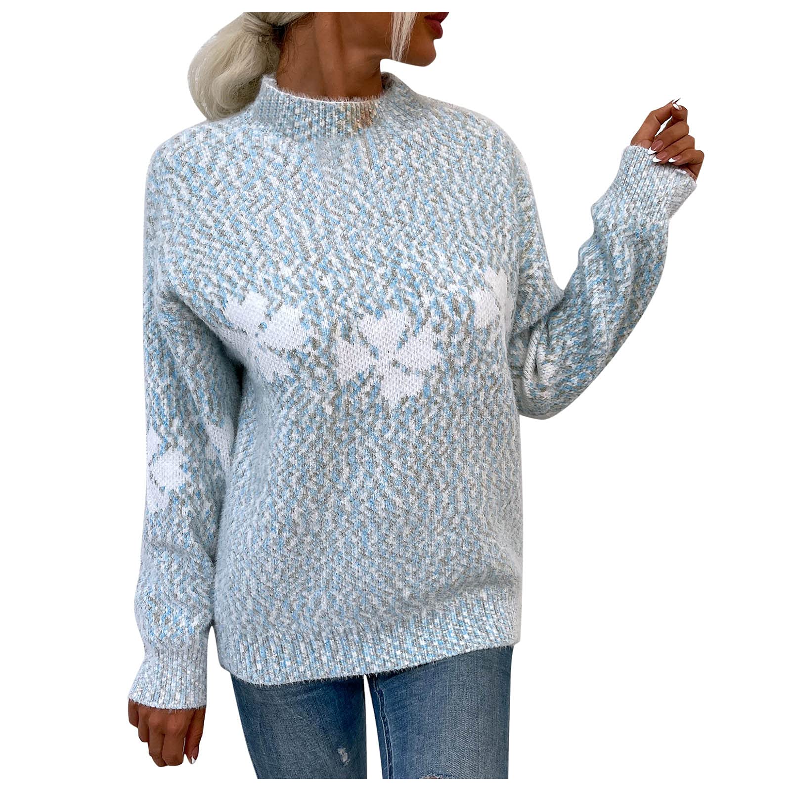 Women's Long Sleeve Color Block Knit Sweater - Half High Neck Snowflake Pattern Cardigan for Winter, Fall & Christmas | Cozy Casual Wear for Office, Date Night & Holiday Gatherings