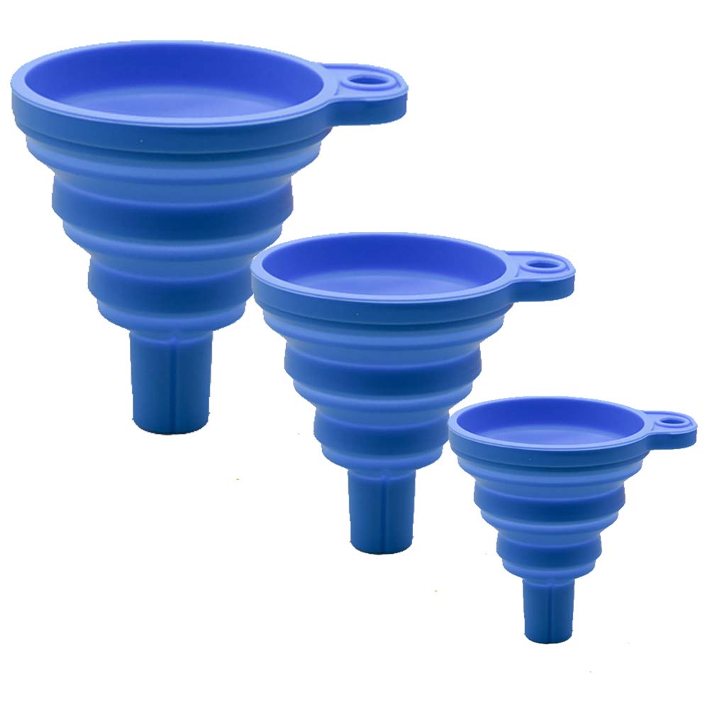 Winlauyet 3 Pack Collapsible Silicone Funnel Set - Food Grade Kitchen Funnel for Liquids, Oils & Powders - Fits Water Bottles, Jars & Containers - Portable & Space Saving (Blue) - Perfect for Cooking, Baking, Camping & DIY Projects