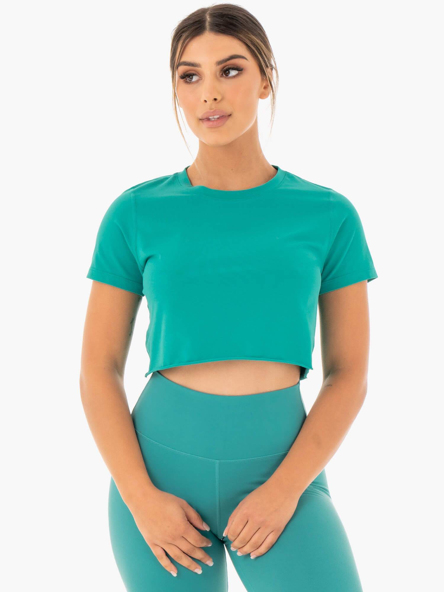 Stylish Motion Cropped Teal T-Shirt for Women | Trendy Casual Wear for Summer & Yoga