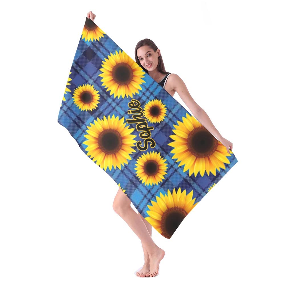 Custom Personalized Beach Towel with Name - Sunflower Blue Plaid Quick Dry Absorbent Microfiber - 30x60 Inch Sand Proof Pool Bath Blanket for Kids, Girls, Boys & Adults | Perfect for Beach, Pool, Gym & Outdoor Activities