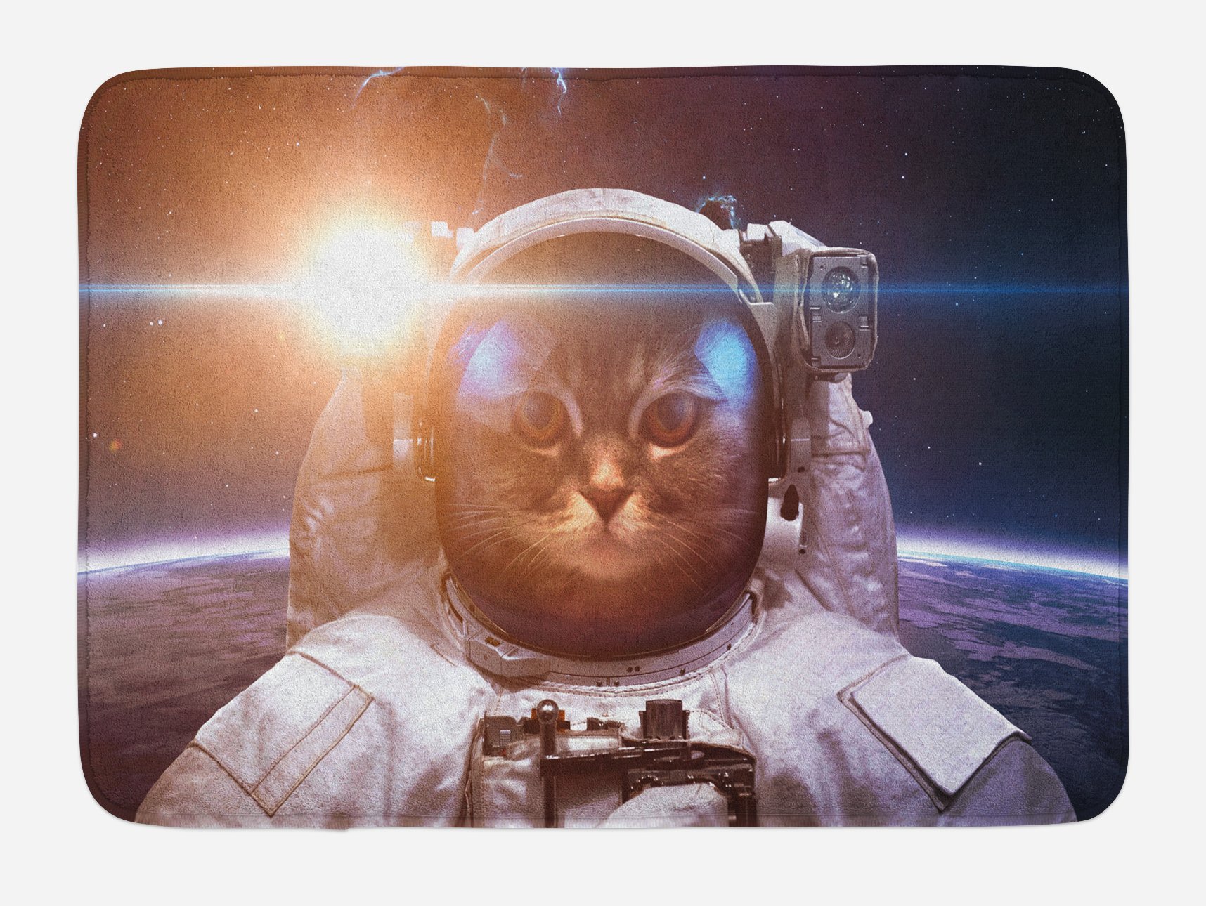 Ambesonne Space Cat Bath Mat - Non-Slip Plush Bathroom Rug with Astronaut Kitty & Lunar Eclipse Design, 30.2 x 20 Inches, White & Blue - Perfect for Kids' Bathrooms, Space-Themed Decor & Gift Ideas
