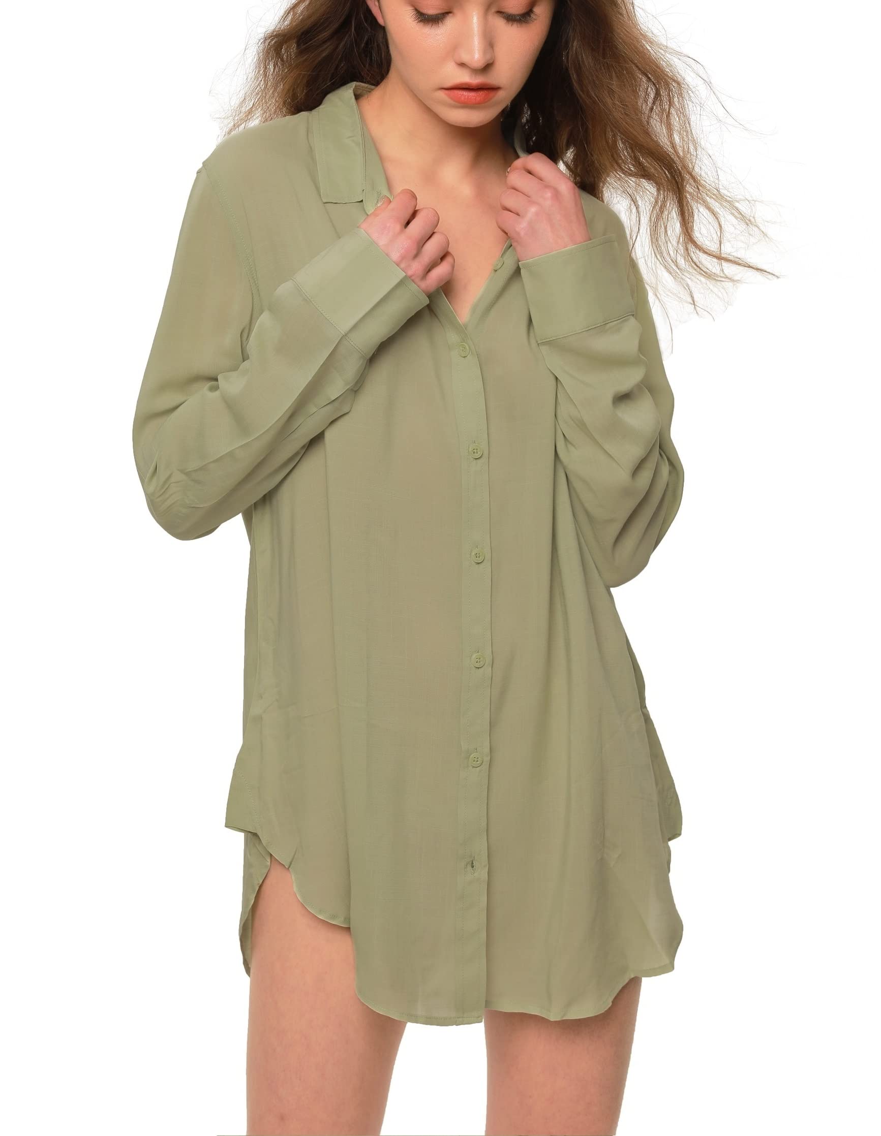 TOUSYEA Women's Soft Button Down Sleep Shirts - Long Sleeve Pajama Tops for Sleeping, Lounge & Swimsuit Cover Up - Comfortable Nightwear for Home & Vacation