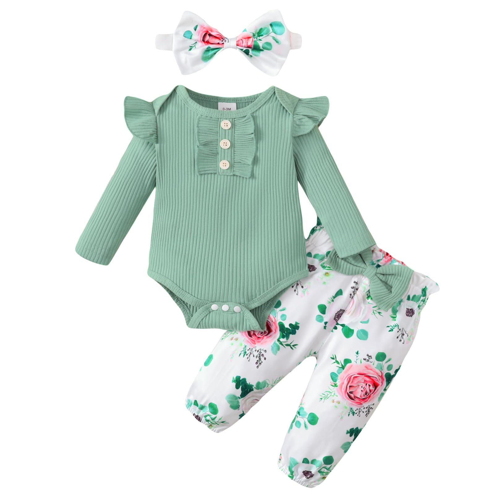 Adorable Baby Girl Outfit Set - Long Sleeve Ruffle Romper & Floral Pants for Newborn to 18 Months | Perfect for Photoshoots, Birthday Parties & Special Occasions