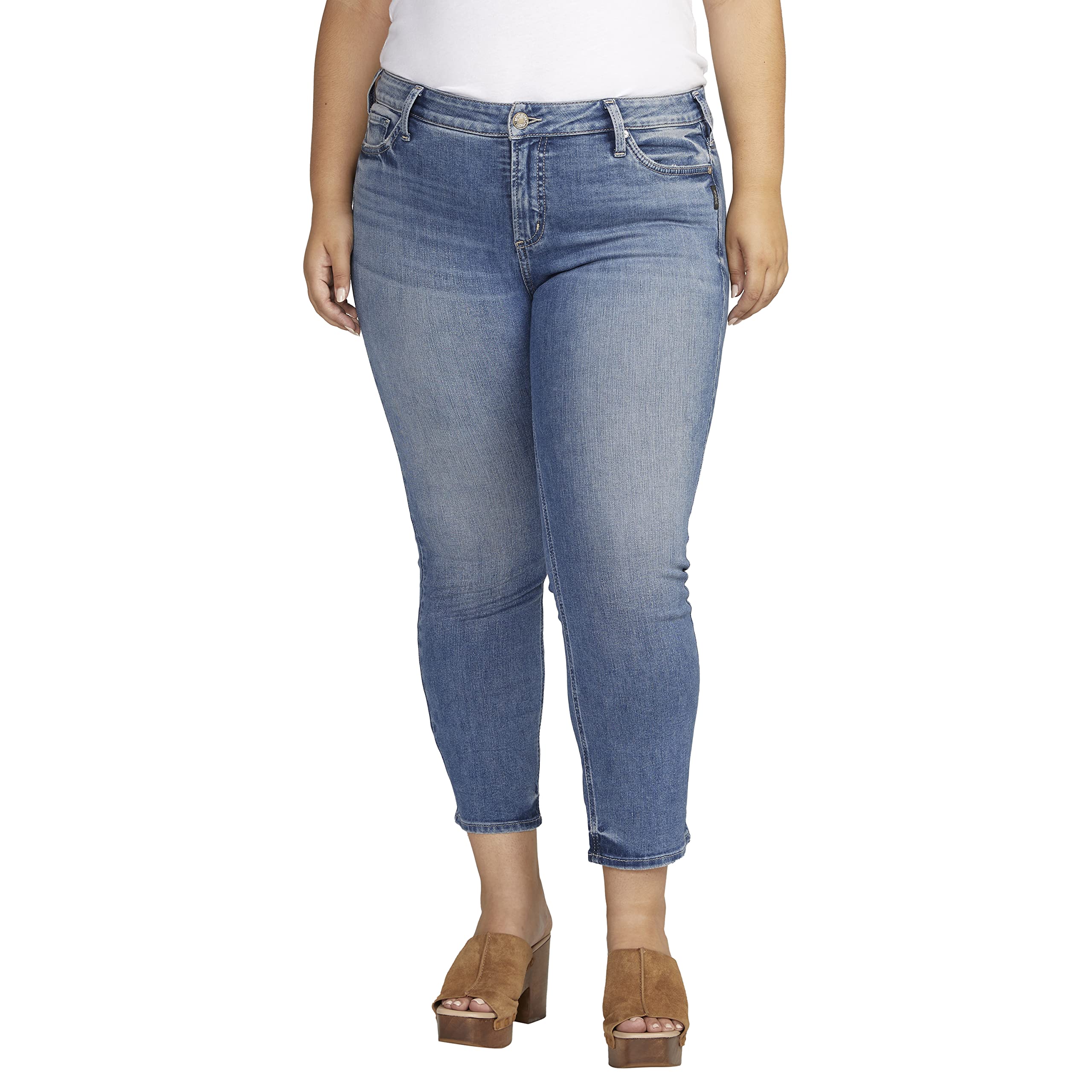 Silver Jeans Co. Women's Plus Size Elyse Mid Rise Comfort Fit Straight Crop Jeans - Stylish & Comfortable Denim Pants for Casual Wear, Office & Everyday Outfits