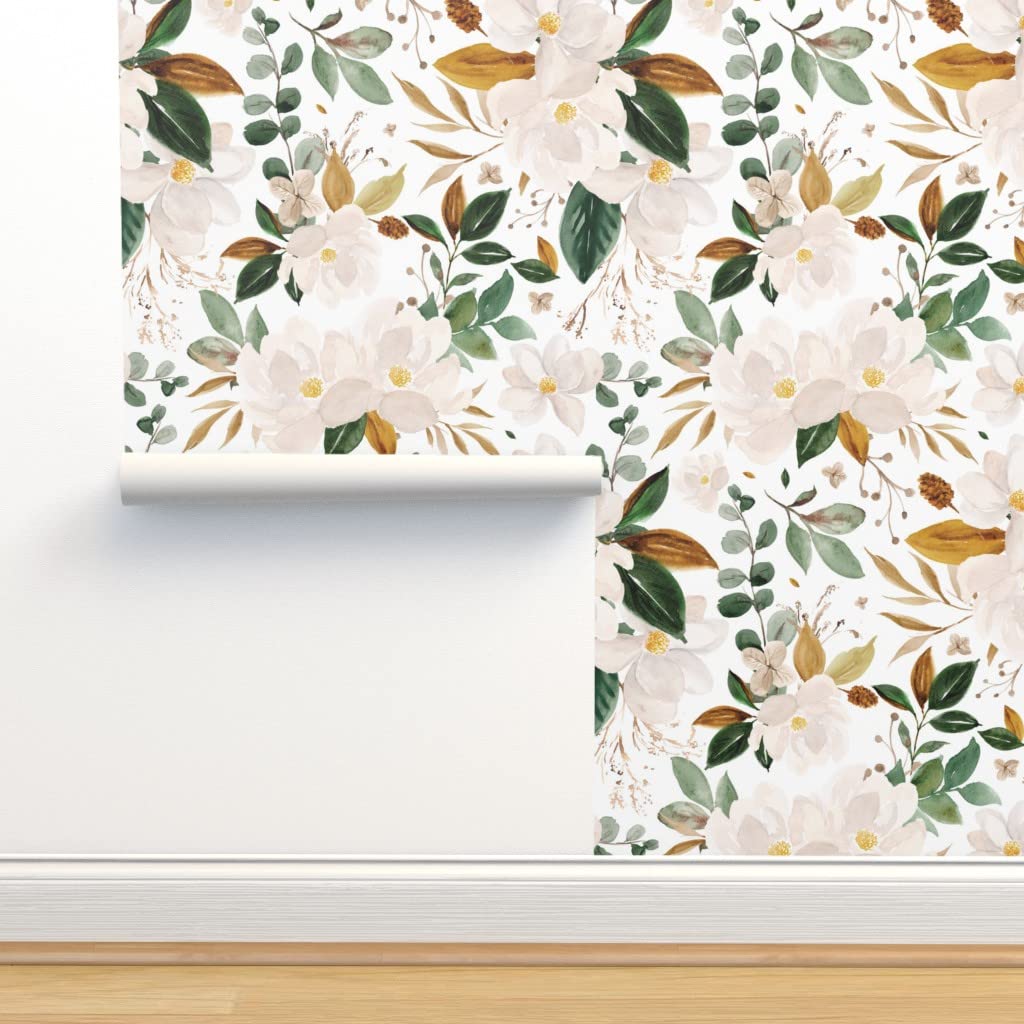 Premium Commercial Grade Wallpaper - 27ft x 2ft Gold Floral Magnolias on White Traditional Peel & Stick Wallpaper by Spoonflower | Perfect for Living Room, Bedroom, Dining Room & Office Decor