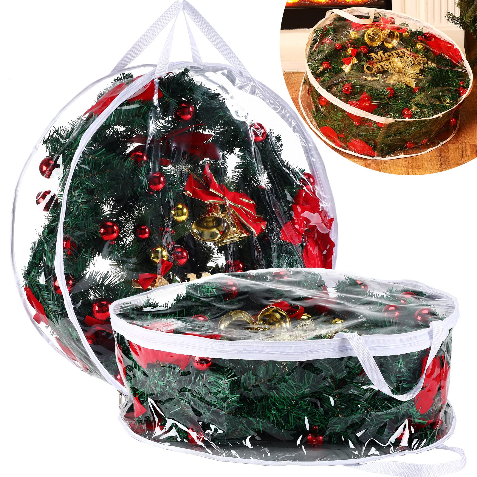 Shappy 30 Inch Clear Christmas Wreath Storage Bag with Dual Zippers & Handles - Plastic Holiday Wreath Organizer for Xmas, Thanksgiving Decorations (2-Pack) - Perfect for Storing Artificial Wreaths in Attic, Basement or Garage