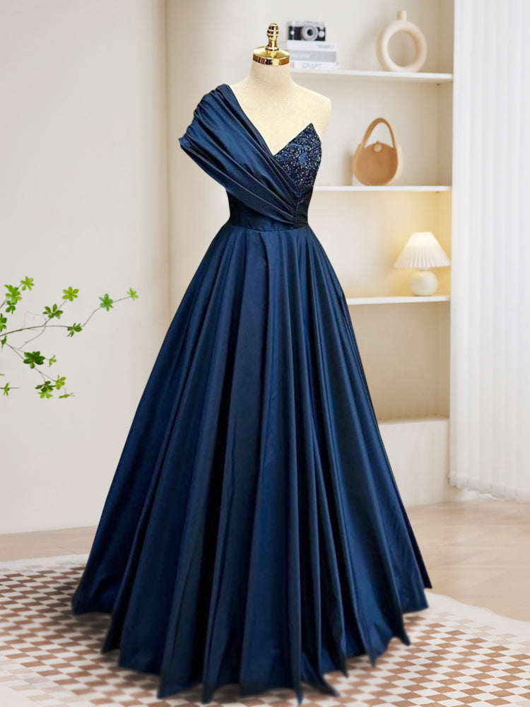 Elegant A-Line One Shoulder Satin Beaded Dark Blue Long Prom Dress | Formal Evening Gown for Women | Perfect for Homecoming, Ball, Wedding & Special Occasions