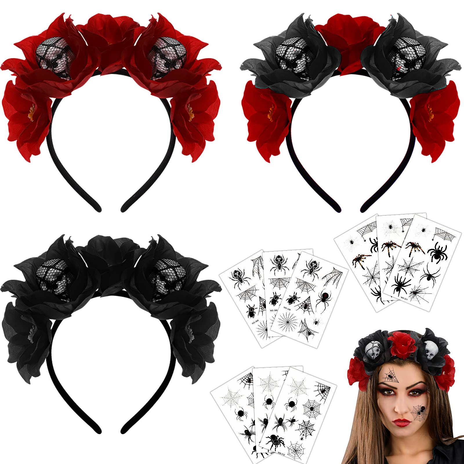 3-Piece Day of the Dead Headband with Rose Floral Crown & Skull Hair Hoop + 9-Piece Spider Web Tattoo Stickers - Halloween Costume Accessories for Women & Men - Perfect for Parties, Cosplay, and Festive Celebrations