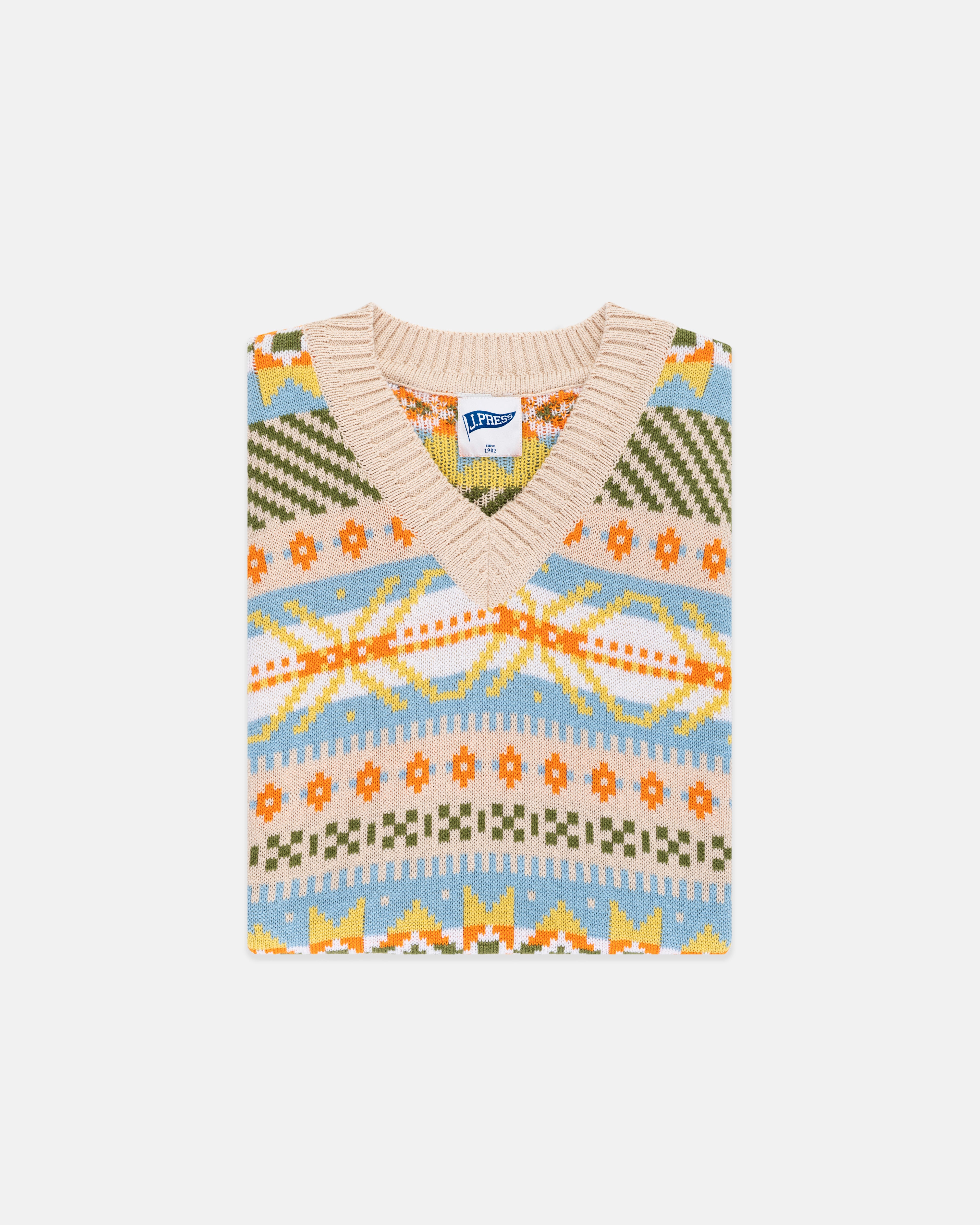 Cream & Blue Fair Isle Sweater Vest for Men - Slim Trim Fit - Winter Knit Pullover for Casual & Office Wear