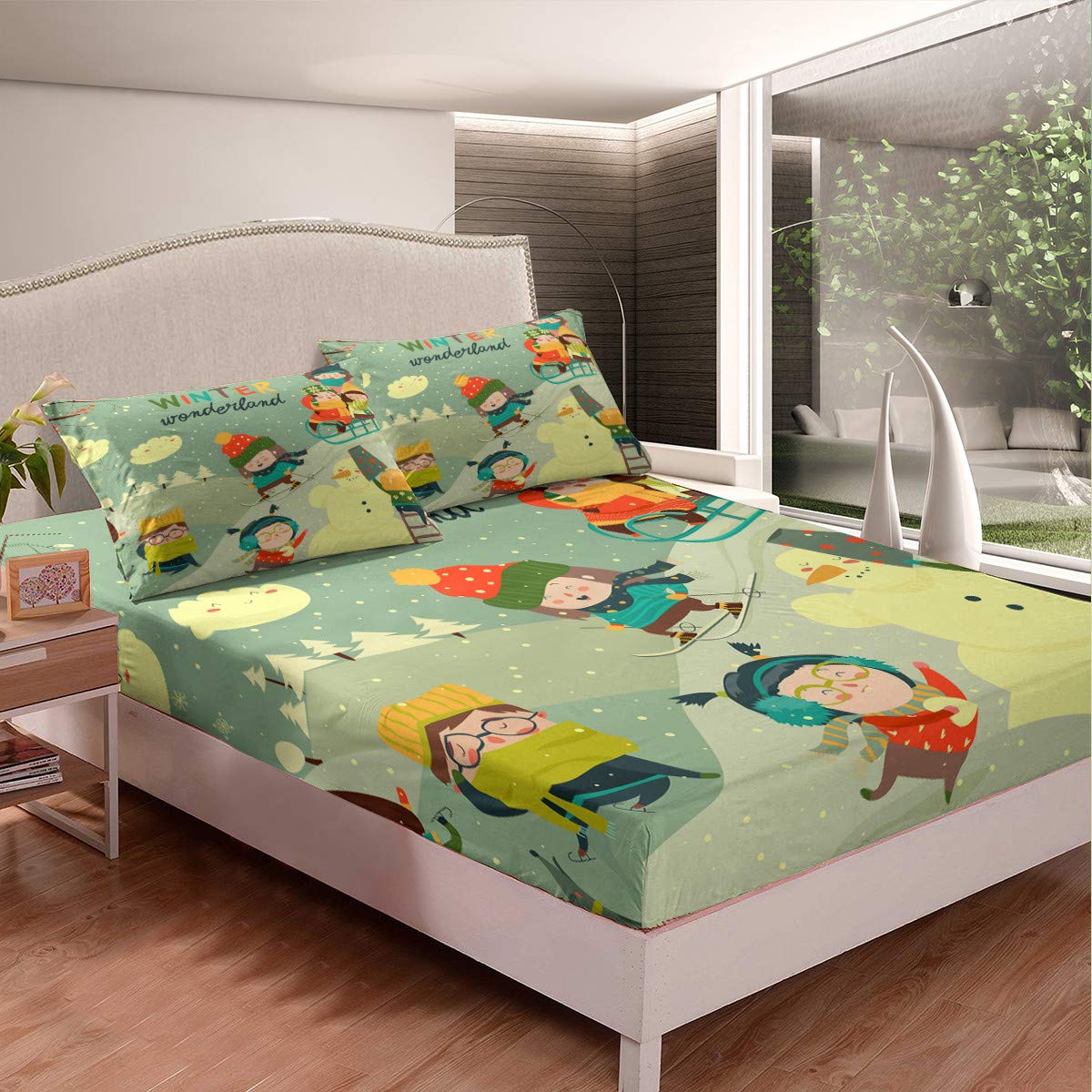 Winter Wonderland Print Deep Pocket Duvet Cover Set - Twin XL Size Cartoon Snowman Design for Kids Bedroom | 2-Piece Set (1 Fitted Sheet + 1 Pillowcase) | Cozy Winter Theme Bedding for Boys & Girls | Perfect for Holiday Decor & Children's Room Makeover
