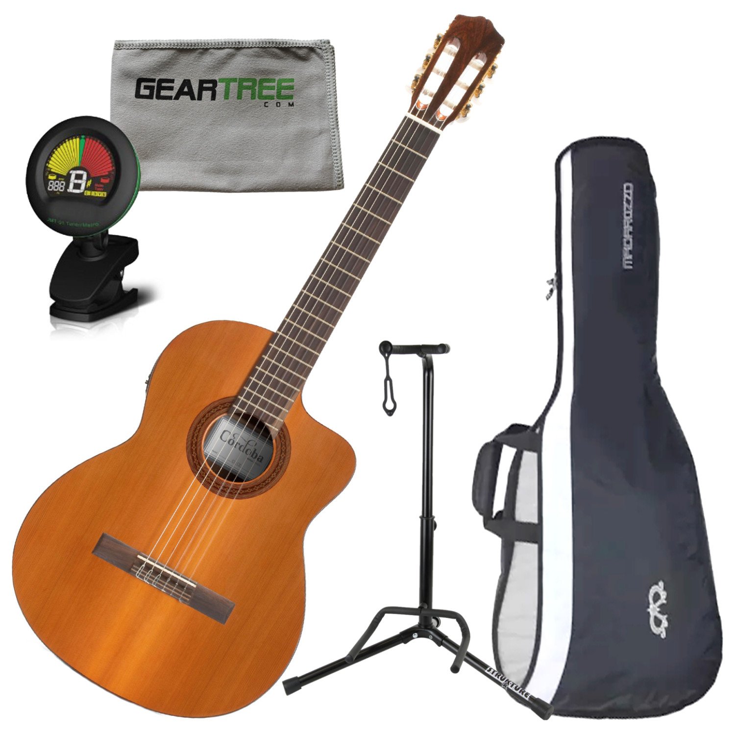 Cordoba C5-CE Acoustic-Electric Nylon String Guitar Bundle with Gig Bag, Tuner, Stand & Cloth - Perfect for Live Performances, Studio Recording & Traveling Musicians