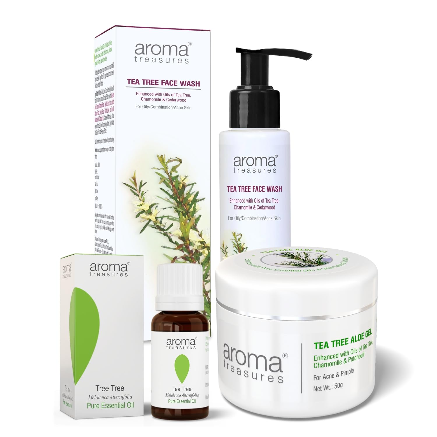 Aroma Treasures Acne Pimple Mini Combo Set - Tea Tree Oil, Face Wash & Aloe Gel for Clear Skin | Perfect for Daily Skincare Routine & Travel