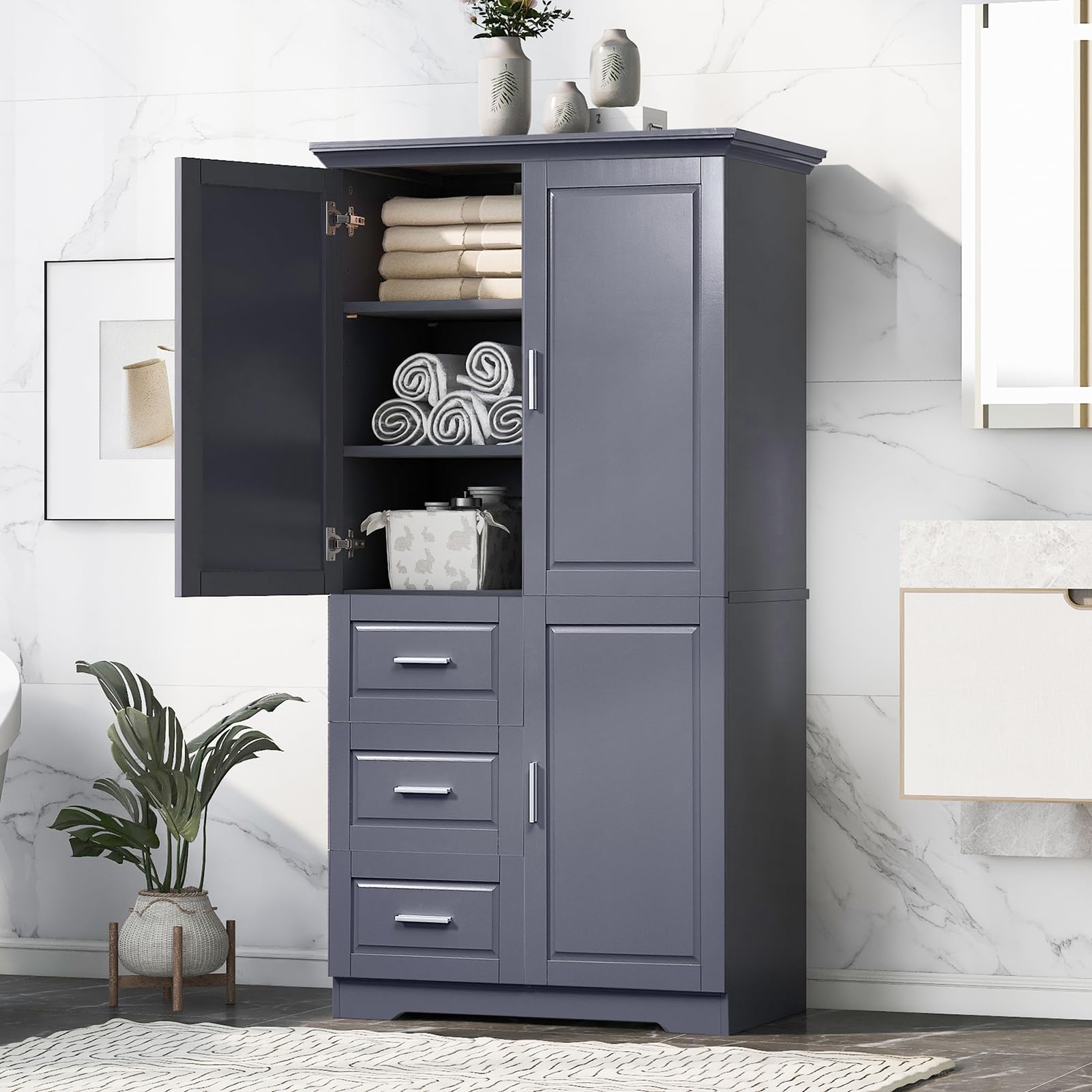 Modern 3-Door Bathroom Storage Cabinet with Drawers - Adjustable Shelves for Home & Office, Grey