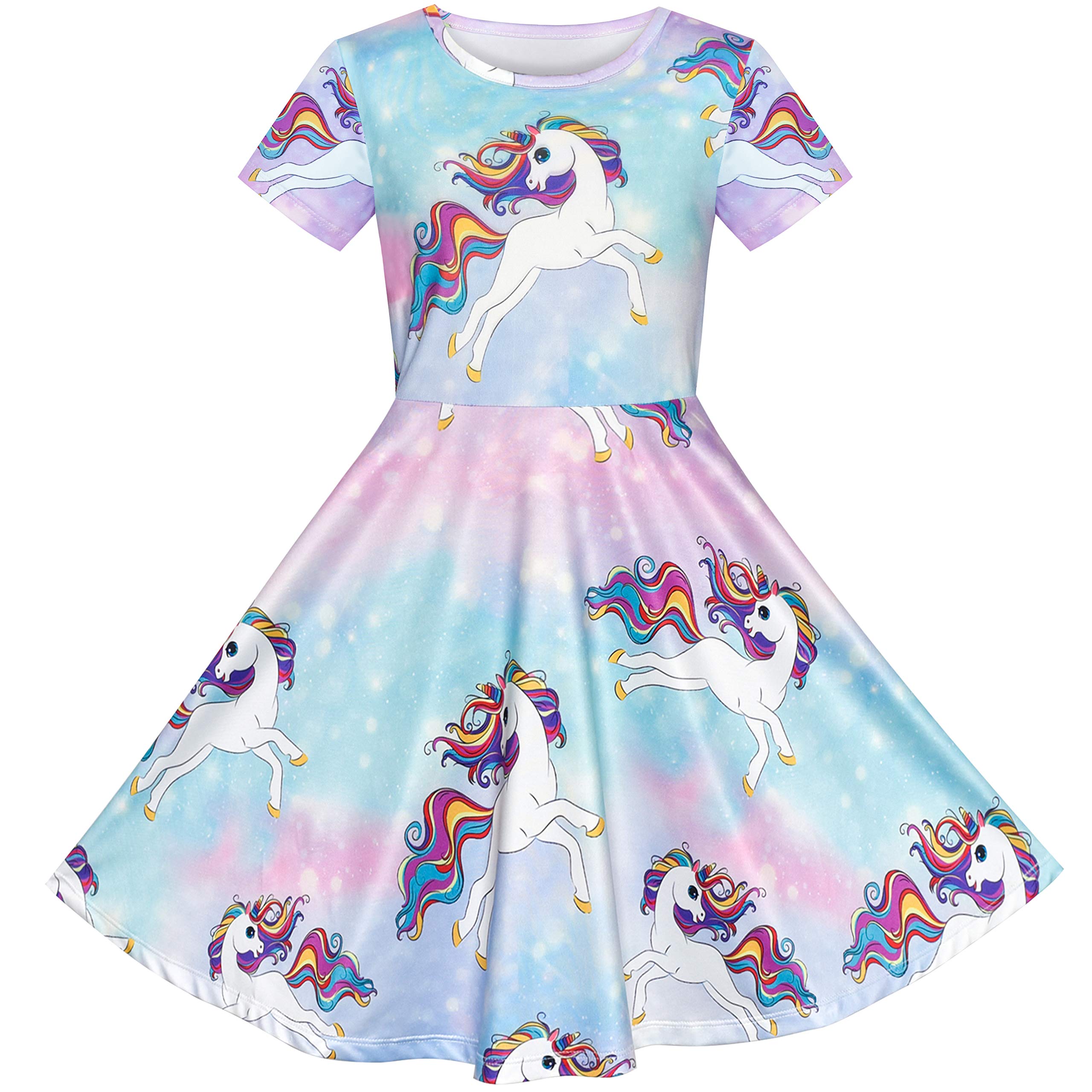 Sunny Fashion Girls Unicorn Print Short Sleeve Casual Dress - Blue Cotton Play Dress for Kids Size 5-10 | Perfect for Birthday Parties, School Events & Summer Playdates