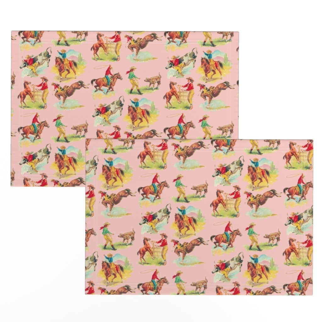 Cowgirl & Cowboy Themed Linen Cotton Canvas Placemats Set of 2 - Pink Paris Horse Print Table Mats for Western Home Decor | Perfect for Dining Tables, Kitchen Decor, and Country Style Parties