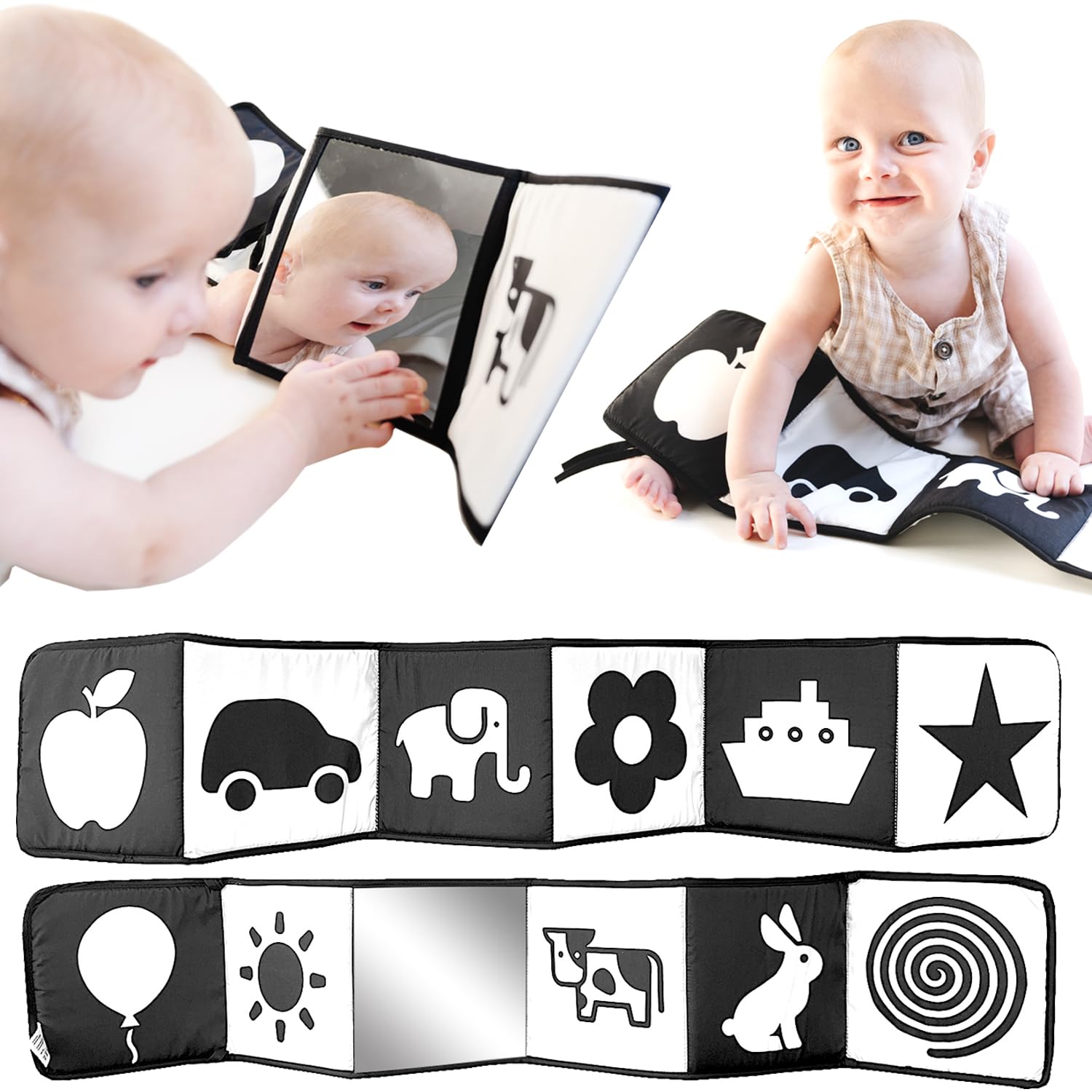 High Contrast Baby Toys 0-6 Months - Black & White Newborn Books & Tummy Time Mirror for Infant Development