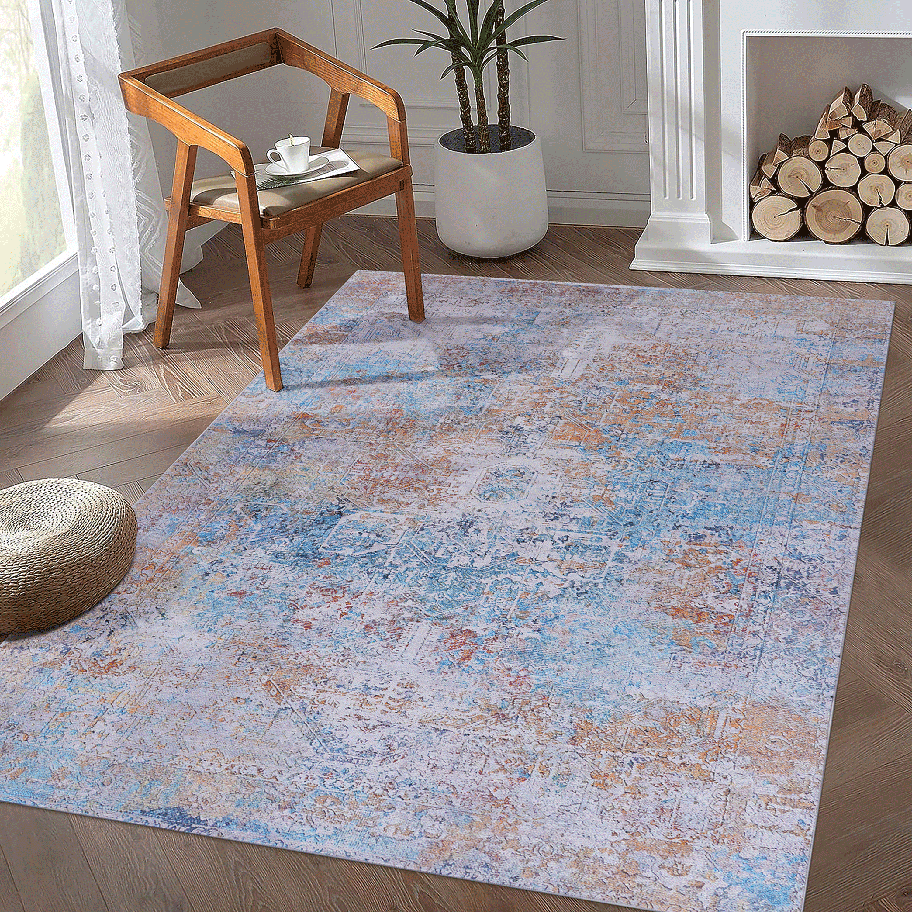 DTY Signature 5x8 Washable Low Pile Non-Slip Area Rug - Foldable, Non-Shedding, Kid & Pet Friendly - Perfect for Living Room, Bedroom, Kitchen (Yellow/Cream, 5' x 8') - Cozy Home Decor & High Traffic Floor Protection