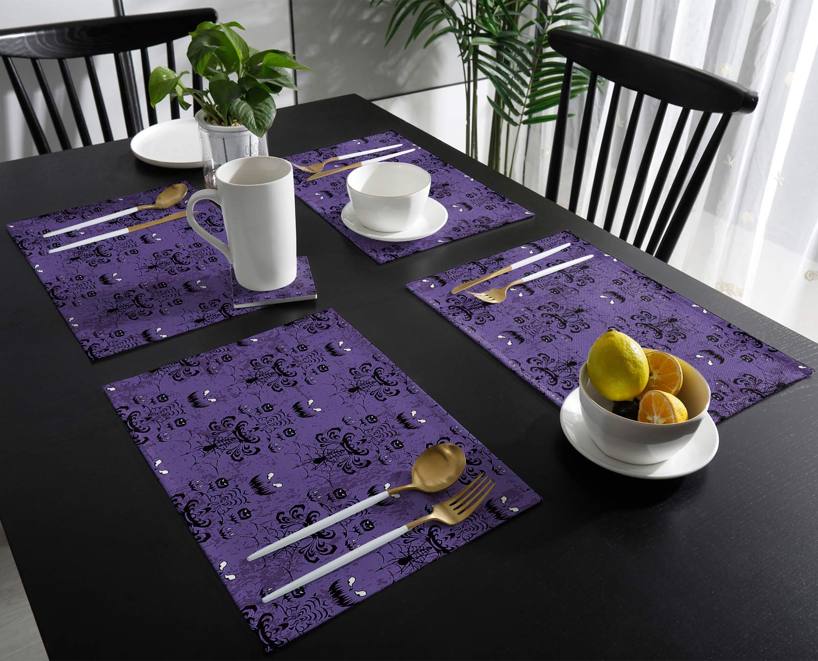 Halloween Placemats Set of 6 - Waterproof Cloth Table Mats for Dining, Cotton Linen Fabric Placemats in Purple - Haunted House Ghost & Spiderweb Design - Perfect for Scary Movie Nights, Halloween Parties & Spooky Dinner Decor