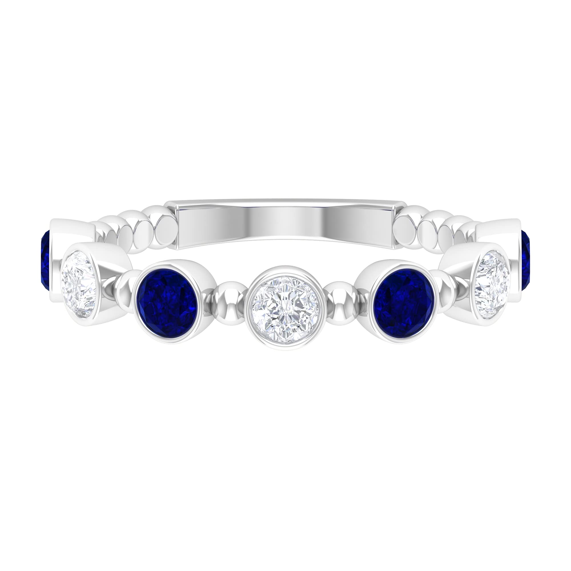 1 CT Blue Sapphire and Moissanite Ring - 14K Solid Gold Beaded Halo Engagement Ring with 7 Stone Bezel Setting | Perfect for Weddings, Anniversaries & Special Occasions