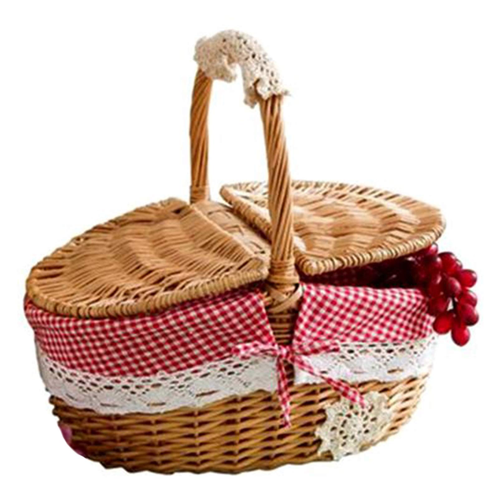 Handmade Wicker Storage Basket with Wooden Handle - Natural Brown Woven Picnic Basket for Camping, Grocery Shopping & Home Organization (Perfect for Outdoors, Pantry & Laundry Storage)