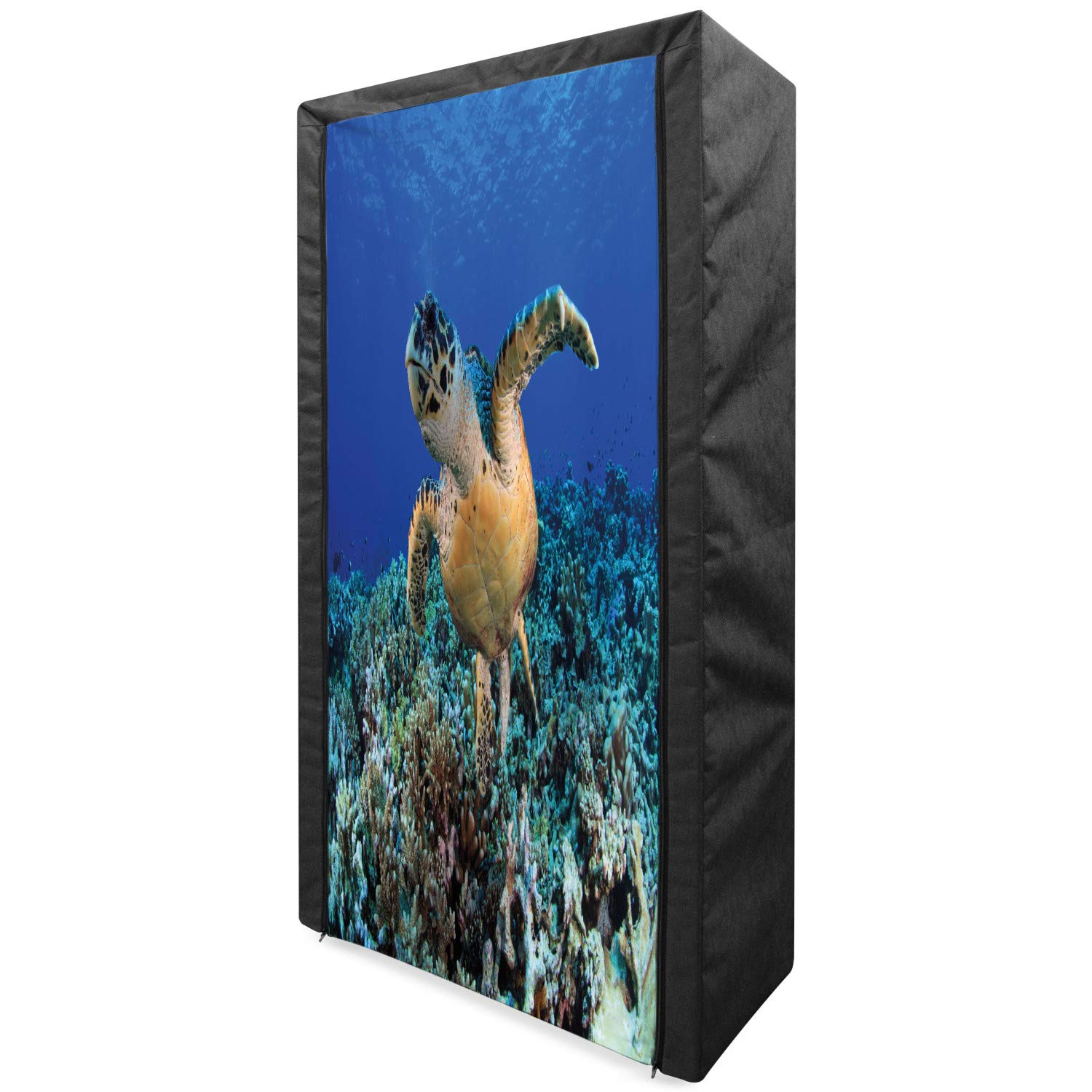 Ambesonne Turtle Portable Fabric Wardrobe - Deep Blue Ocean Endangered Wildlife Design, 33.5 Inch Clothing Organizer with Shelves for Bedroom Storage | Perfect for Small Spaces, Dorm Rooms & Closet Organization
