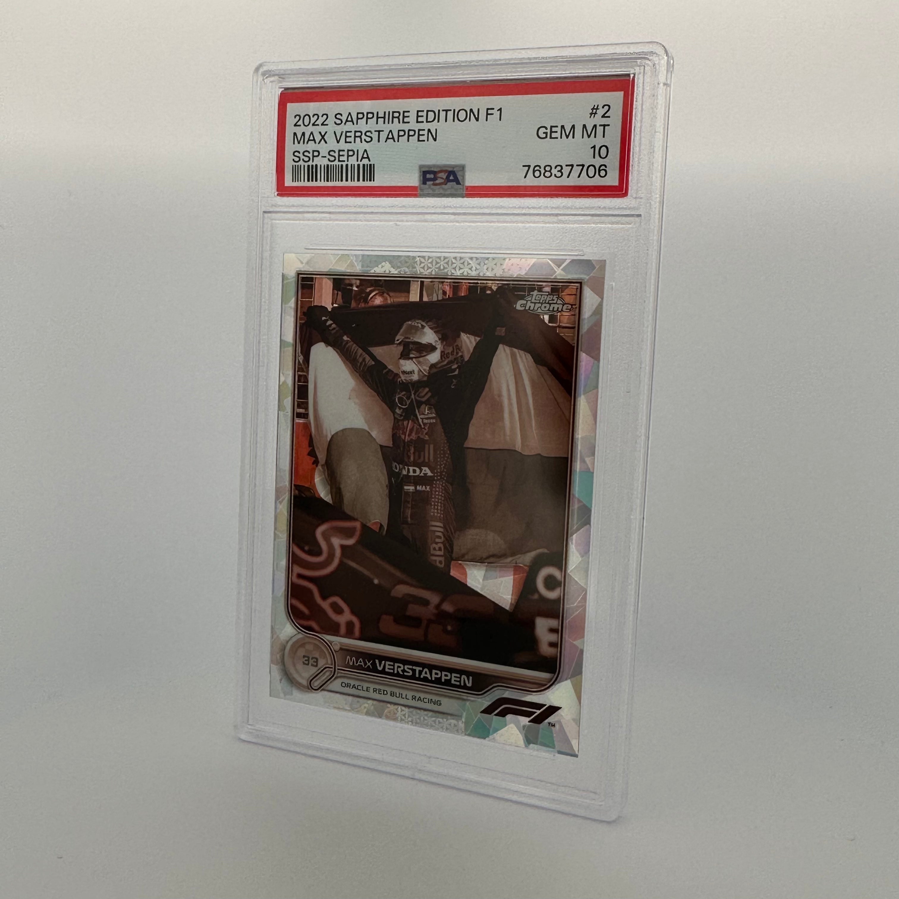 PSA 10 Graded 026/100 MAX VERSTAPPEN #2 SAPPHIRE EDITION SSP SEPIA Trading Card - Rare Collectible for F1 Racing Fans, Perfect for Display & Investment