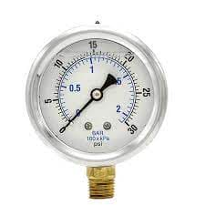 0-30 PSI Liquid Filled Pressure Gauge, 1/4