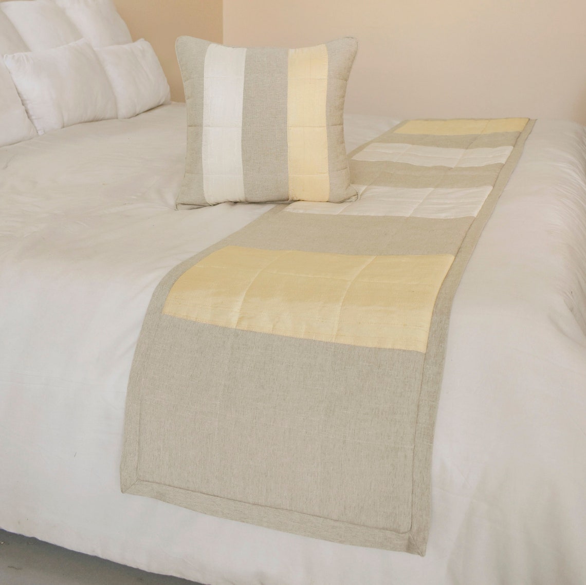 Alikka Linen & Silk Beige Decorative Bed Runner & Pillow Cover Set - Luxury Bedroom Decor for Master Suite, Guest Room & Wedding Decor
