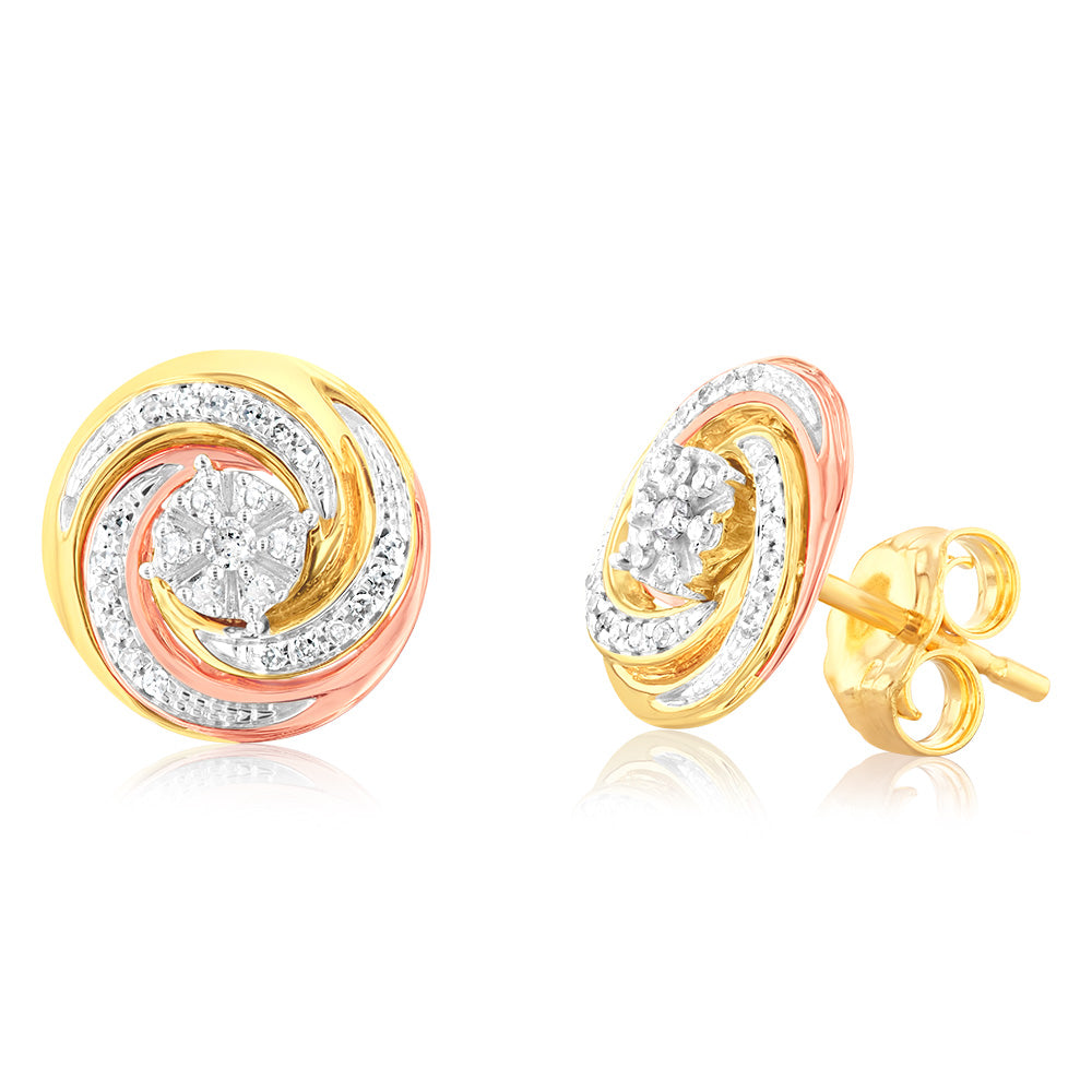 9ct 3-Tone 1/10 Carat Diamond Swirl Stud Earrings with 50 Round Brilliant Cut Diamonds - Elegant Jewelry for Women, Perfect Gift for Anniversary, Birthday & Special Occasions