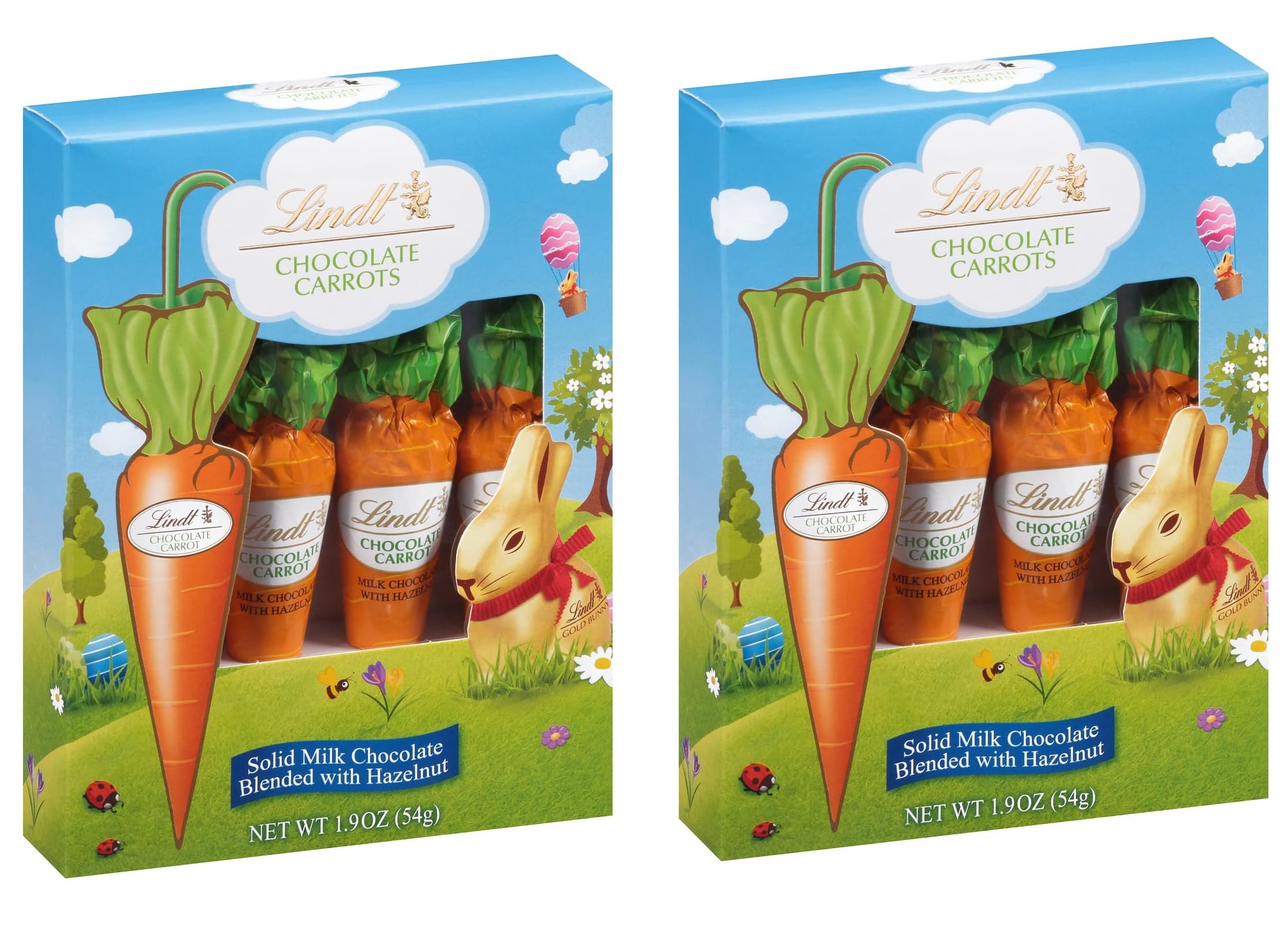 Lindt Chocolate Carrots - 2 Pack Solid Milk Chocolate Easter Treats with Hazelnut - Bunny Shaped Smiling Sweets for Easter Baskets, Holiday Gifts & Party Favors - Fun Snack for Kids & Adults