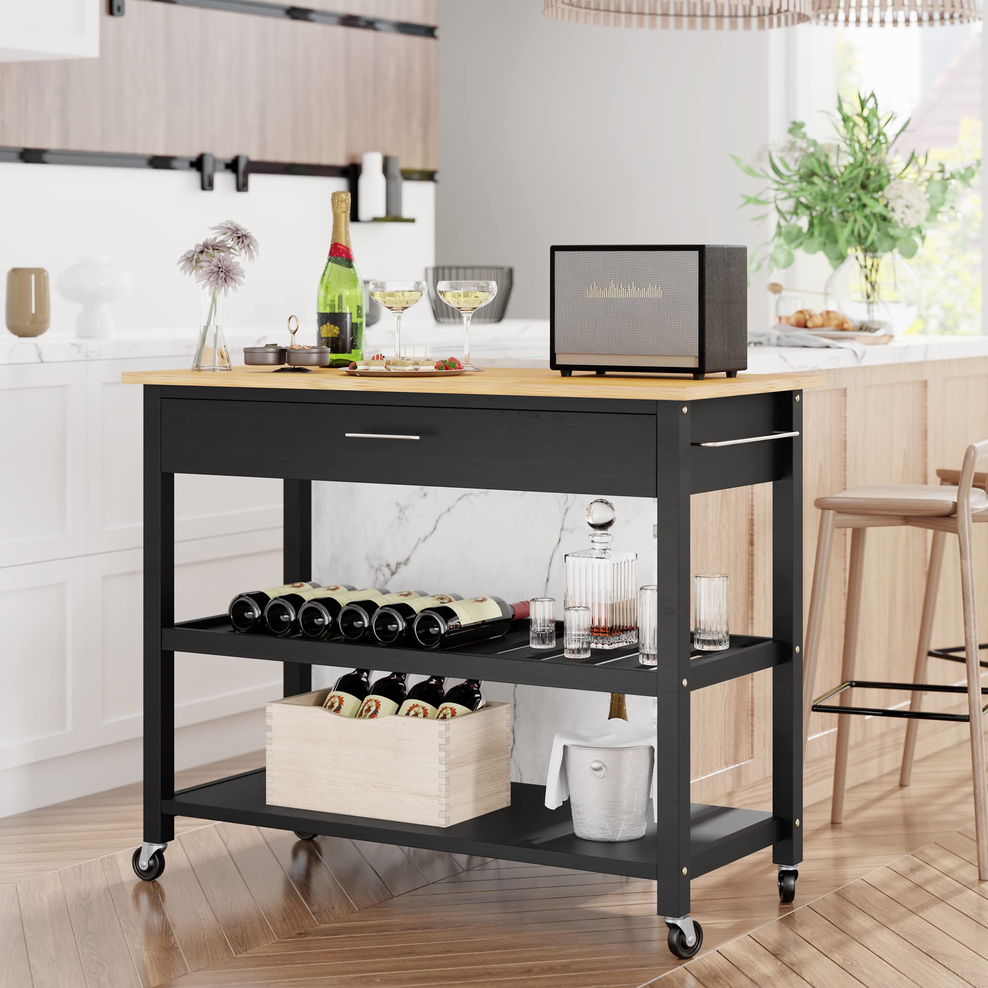 Shintenchi Kitchen Island Cart with Storage - Rolling Mobile Kitchen Cart with Large Worktop, Storage Cabinet, Towel Rack, Drawers & Open Shelves - Perfect for Small Kitchens, Dining Rooms & Apartments (Black)