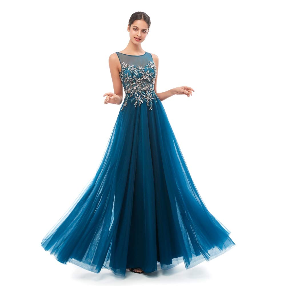 Leyidress Blue Chiffon Sleeveless A-line Evening Dress with Beading - Formal Floor Length Prom Gown for Women - Perfect for Weddings, Galas & Special Occasions