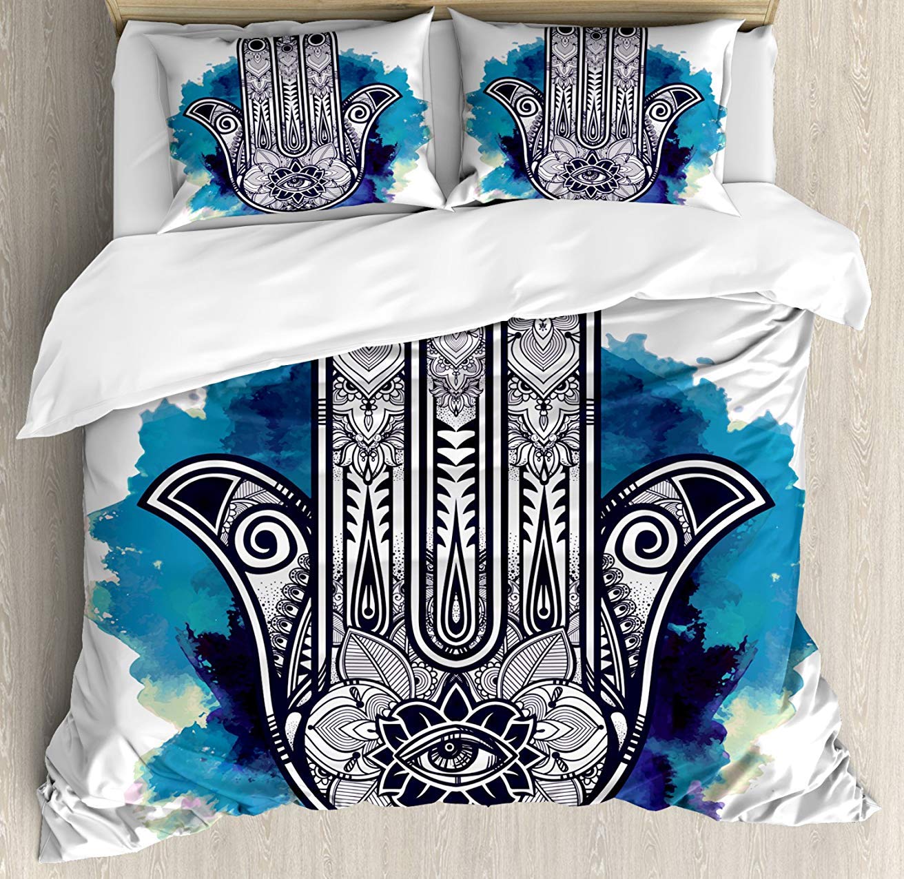 Bohemian Style Hamsa 3-Piece King Size Bedding Set - Moroccan Inspired Comforter Duvet Cover with 2 Decorative Pillowcases for Kids, Teens & Adults | Ethnic Home Decor for Bedroom, Guest Room & Dorm