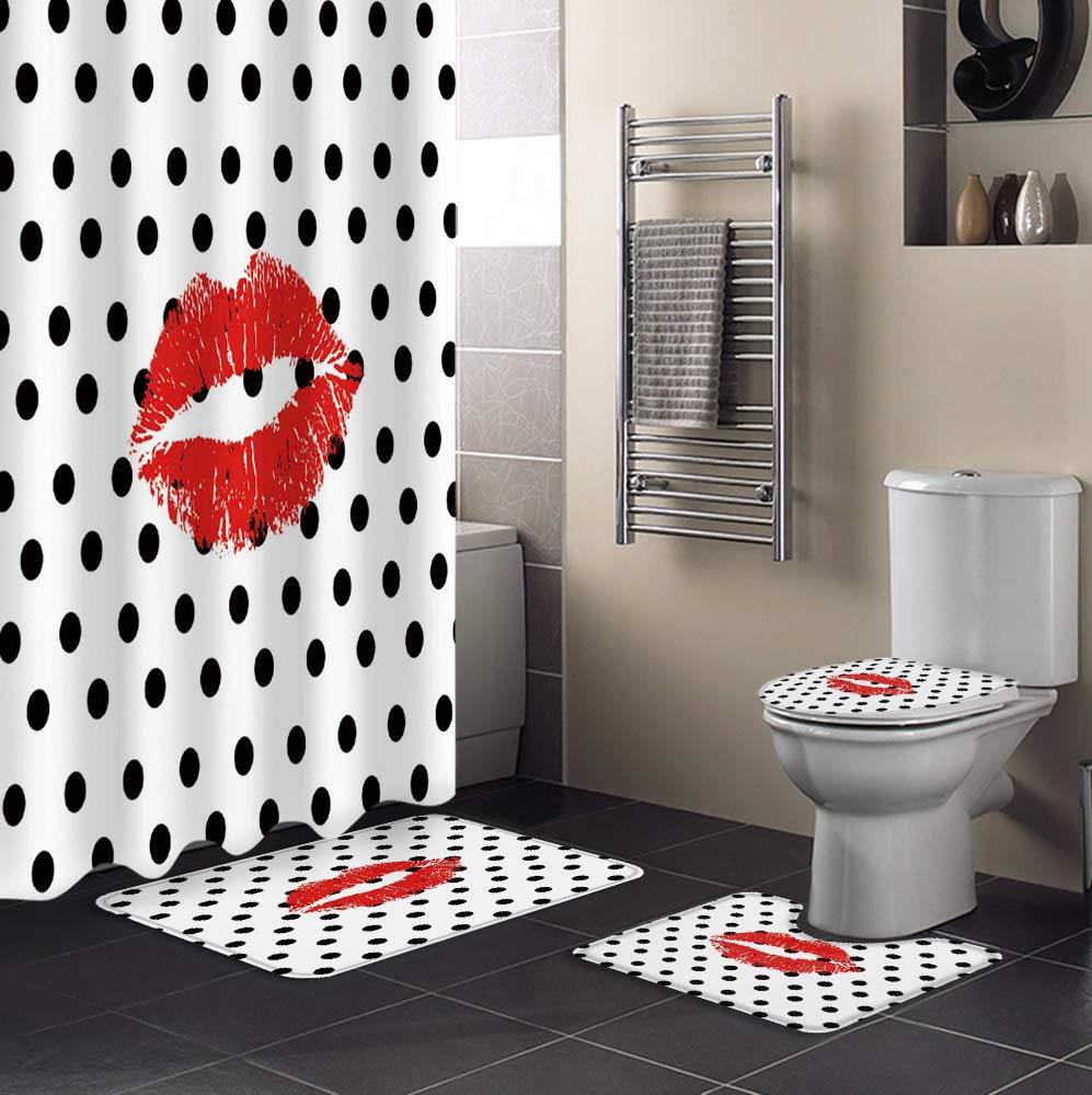 BABE MAPS 4-Piece Sexy Lips Bathroom Set - Waterproof Shower Curtain, Non-Slip Rug, Toilet Cover & Bath Mat with 12 Hooks (Black Dots) for Modern & Stylish Bathroom Decor