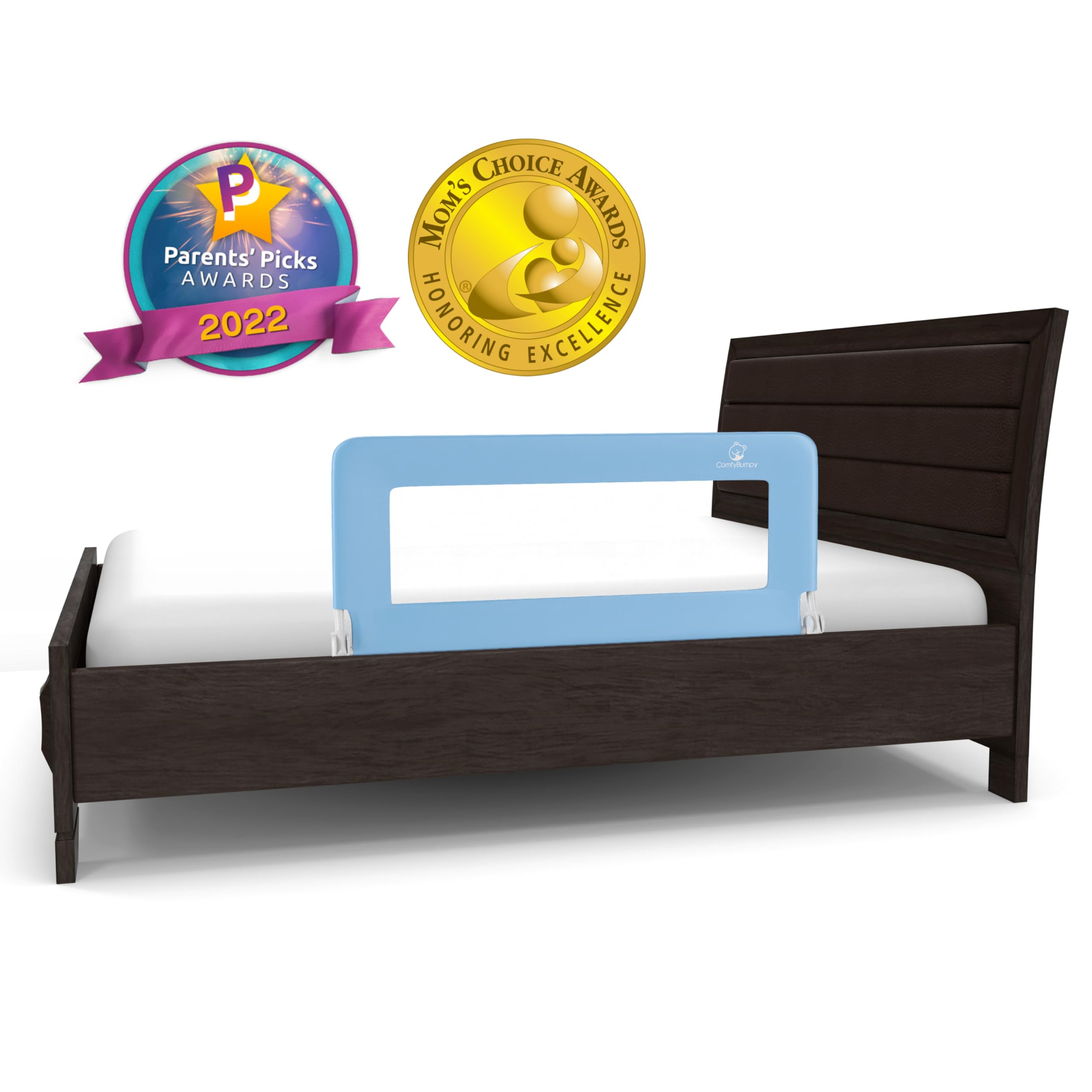 **ComfyBumpy Adjustable Toddler Bed Rail Guard - Safety Bed Rails for Kids, Fits Twin, Full, Queen & King Size Beds - Swing Down Baby Bed Side Rail - Blue, Regular (35.5