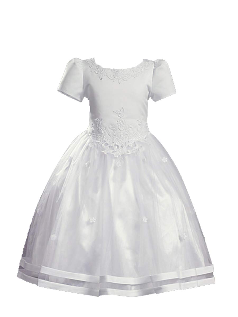 Elegant White Satin Communion & Baptism Dress with Flowy Tulle Skirt - Perfect for First Holy Communion, Christening, and Special Church Events