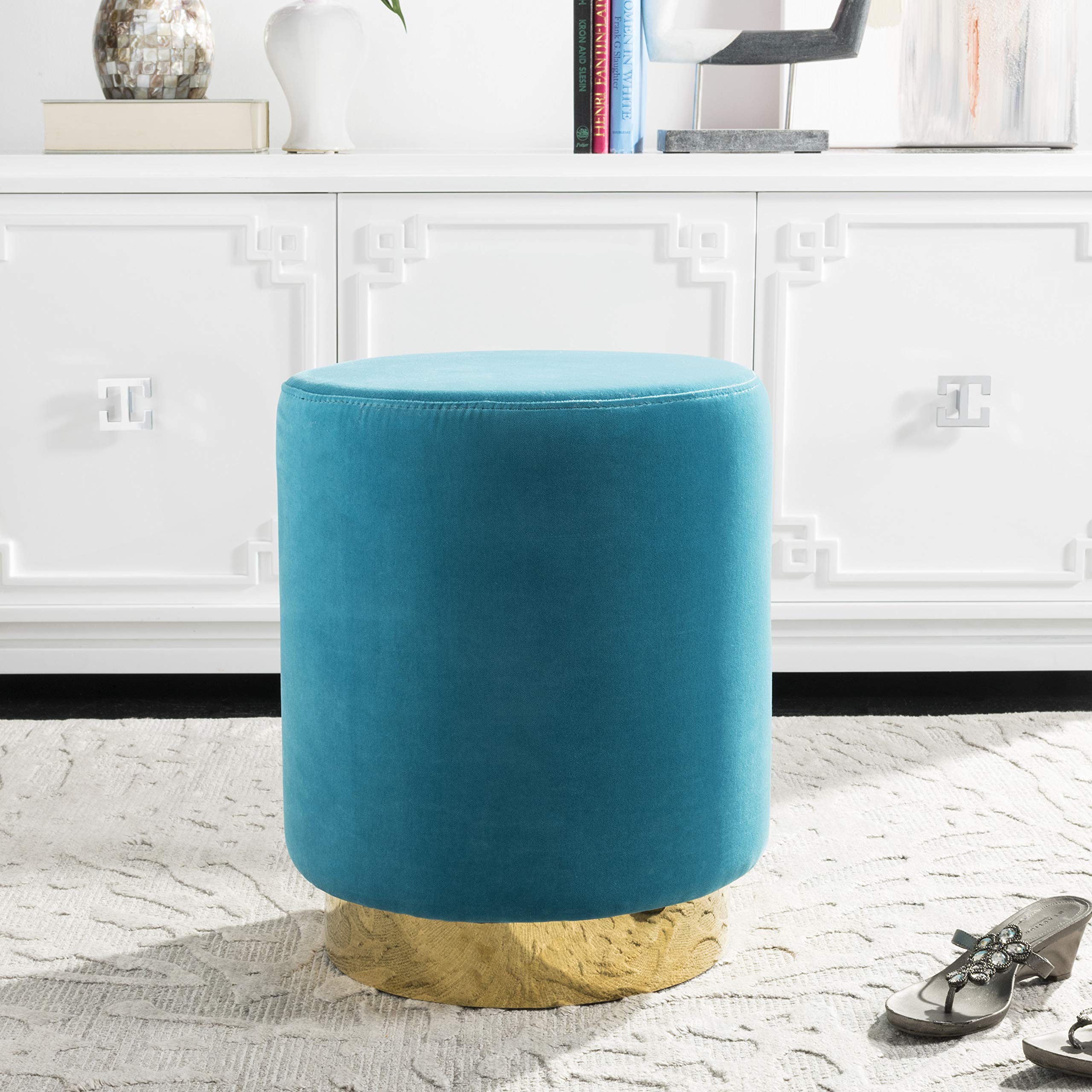 Safavieh Elsworth Turquoise & Brass Velvet Ottoman - Round Footstool Pouf with Storage, Mid-Century Modern Accent Furniture for Living Room, Bedroom, or Office Decor