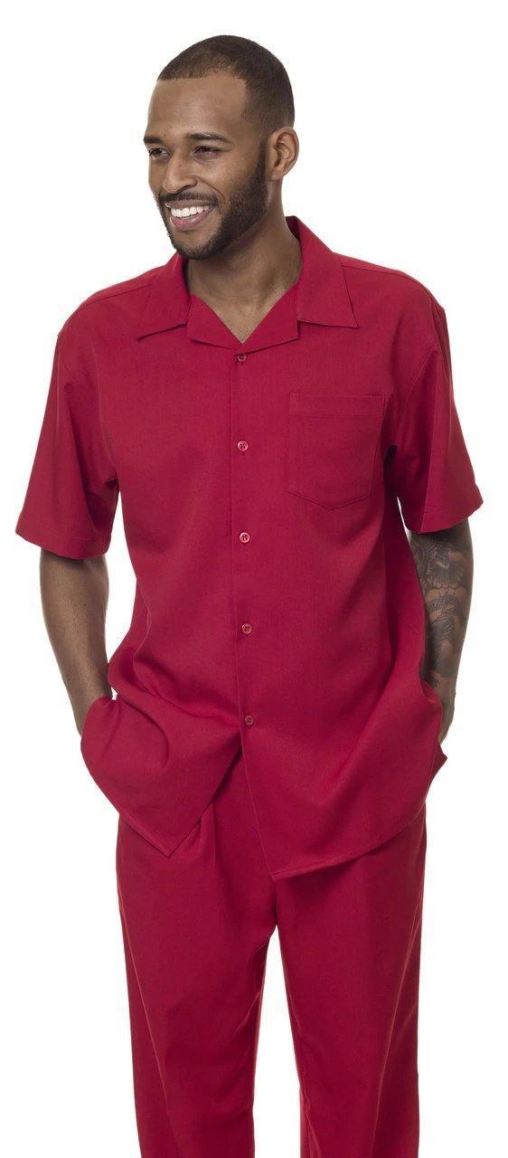 Montique Men's 2-Piece Short Sleeve Walking Suit - Solid Red Color - Lightweight & Breathable Summer Outfit for Casual Wear, Travel & Outdoor Activities