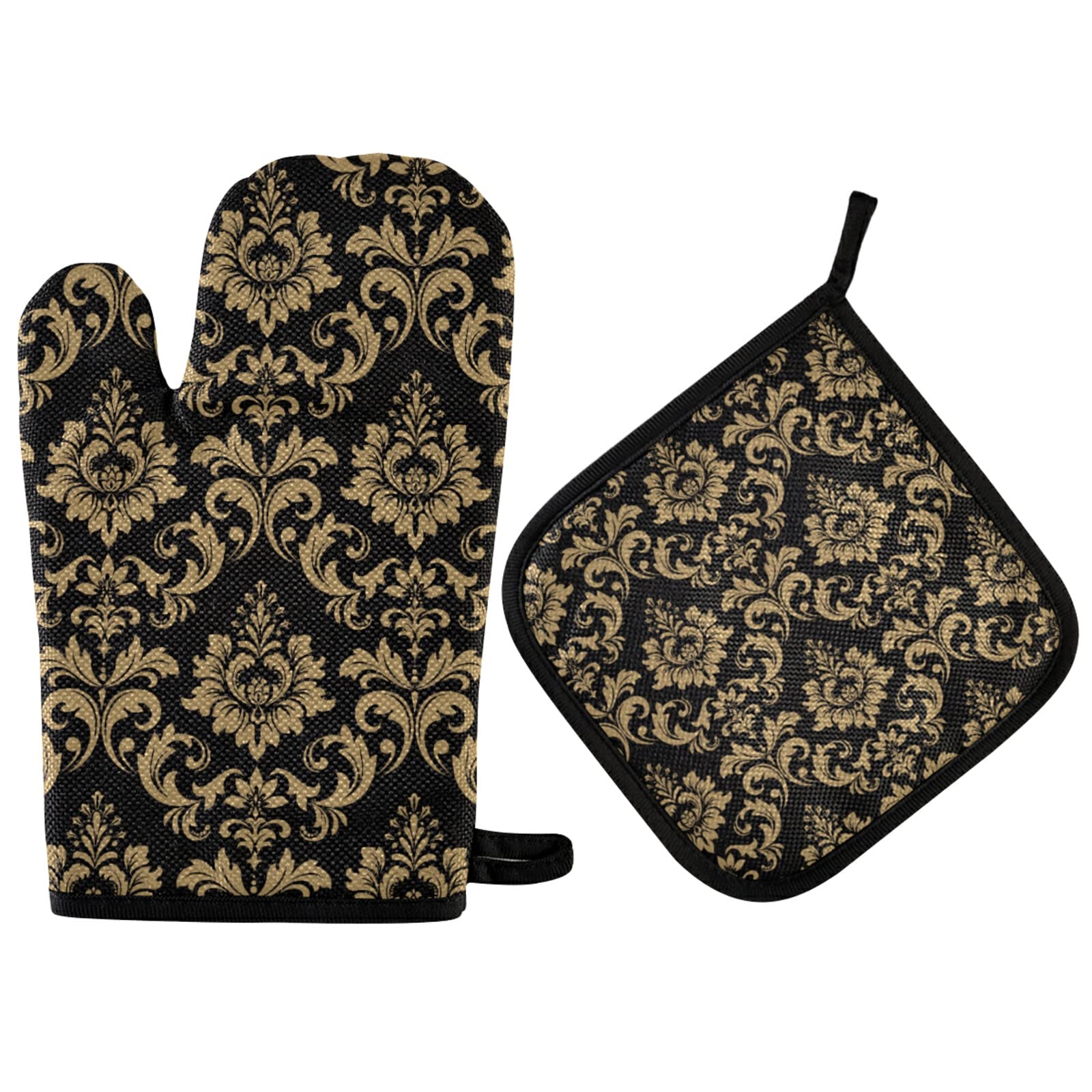 Gold Baroque Retro Yellow Damask Floral Pattern Black Oven Mitts & Pot Holders Set - Non-Slip Heat Resistant Kitchen Gloves for Cooking, Baking, Grilling & BBQ - Perfect for Holiday Gifts & Home Kitchen Accessories