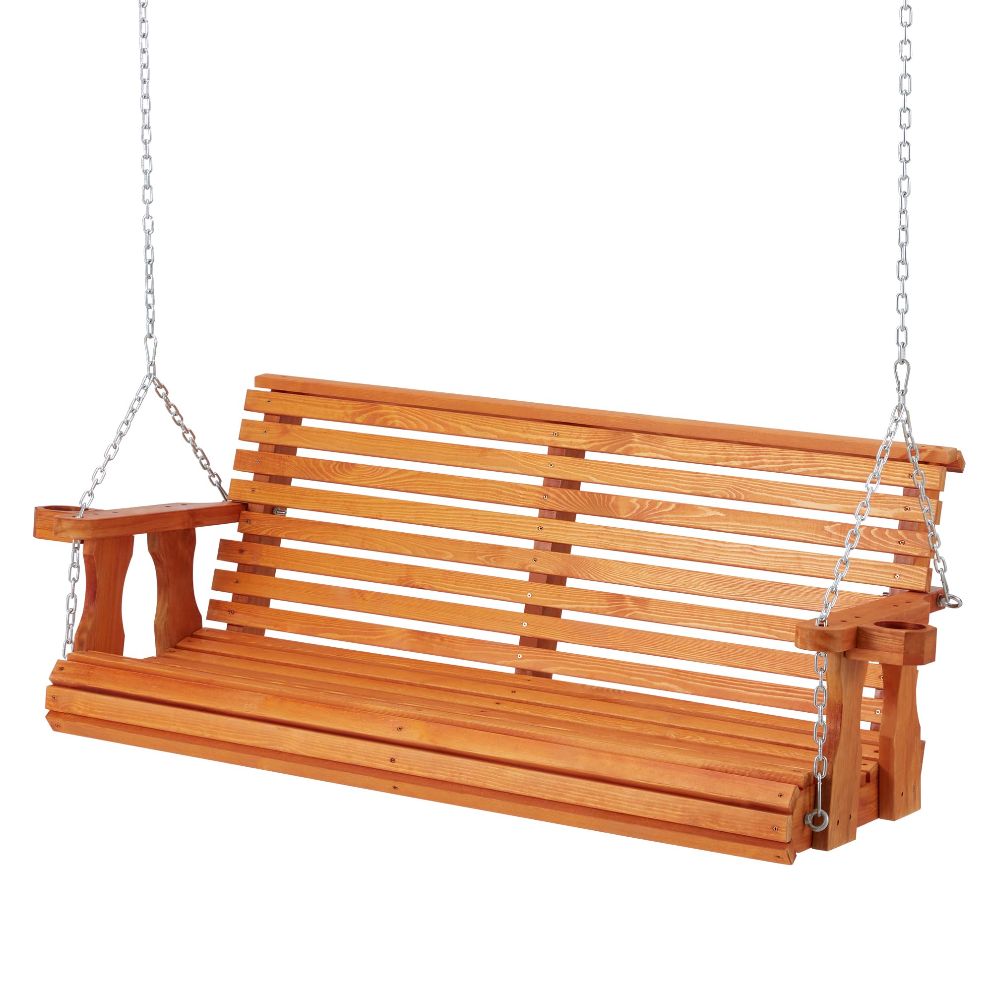 U-MAX 5.5FT Wooden Porch Swing with Cup Holders & Chains - 880Lbs Weight Capacity Outdoor Patio Swing Chair Bench for Garden, Backyard, Courtyard - Perfect for Relaxing, Reading & Enjoying Outdoor Time