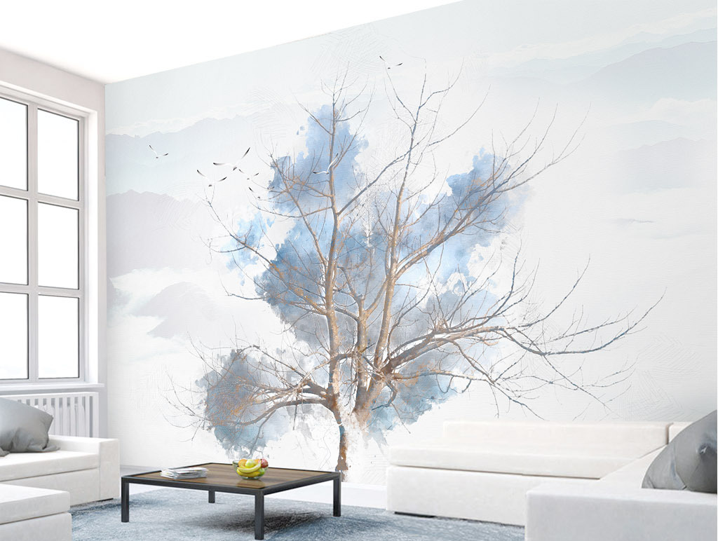 Blue Tree Sketch Wallpaper Murals - Nature-Inspired Peel and Stick Wall Decals for Living Room, Bedroom & Nursery Decor