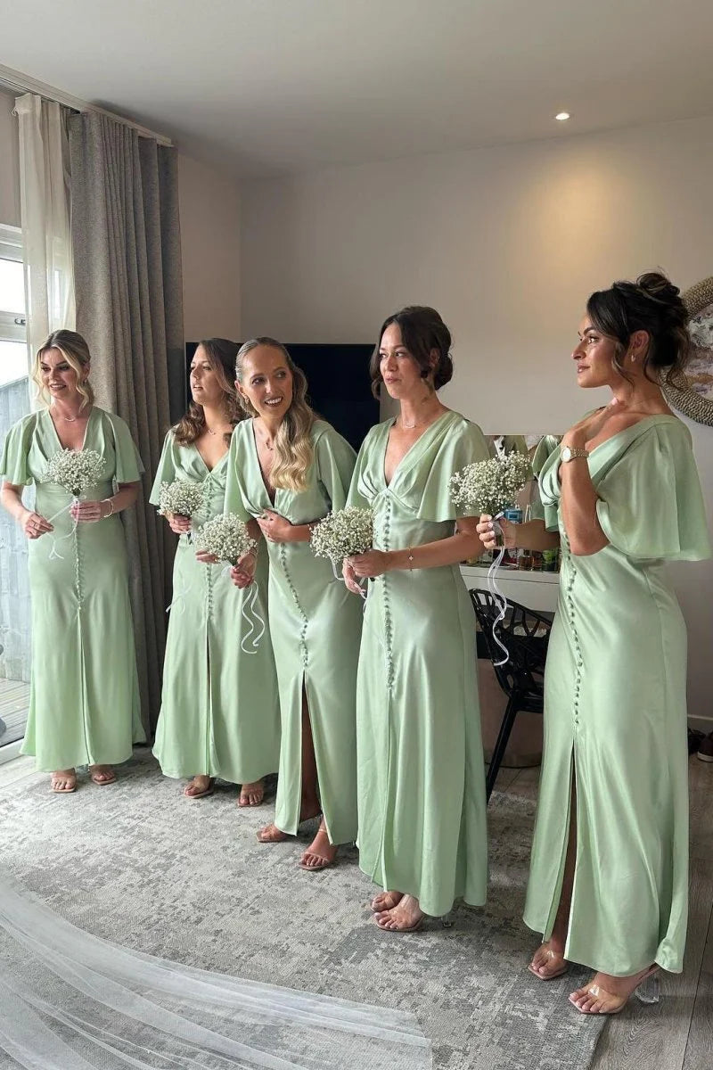 Elegant Sage Green Silk Satin Bridesmaid Dress with Flare Sleeves & Button Details - Perfect for Beach Weddings, Formal Events & Special Occasions