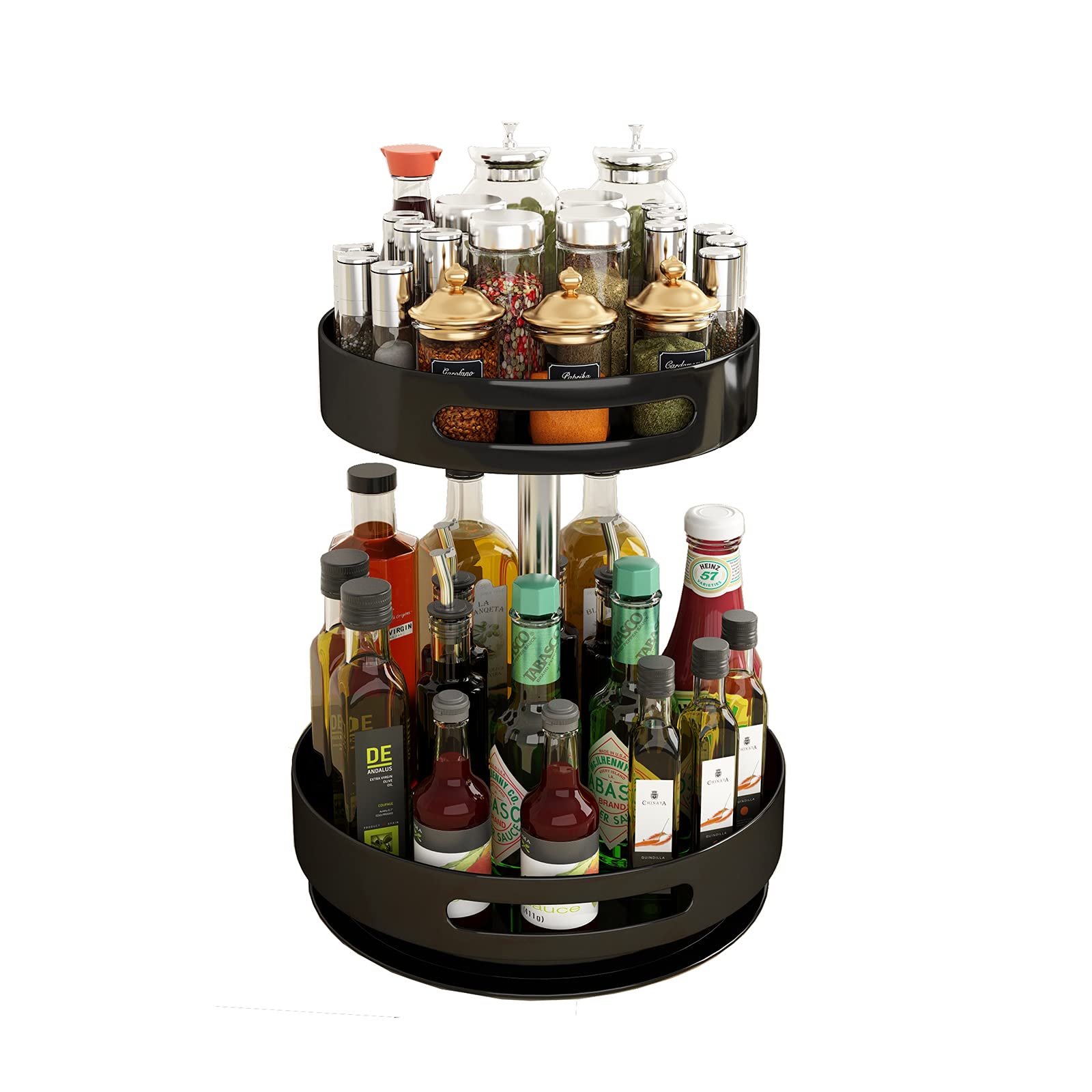 2-Tier Adjustable Lazy Susan Spice Rack Organizer - Removable Black Spice Storage for Cabinet, Pantry & Kitchen Counter - Perfect for Small Spaces & Cooking Enthusiasts