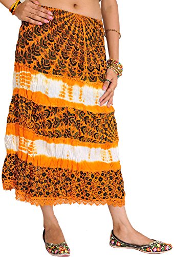 Exotic India Batik-Dyed Midi Skirt with Printed Flowers - Bohemian Summer Skirt for Women | Perfect for Beach Vacations, Music Festivals & Boho Chic Outfits