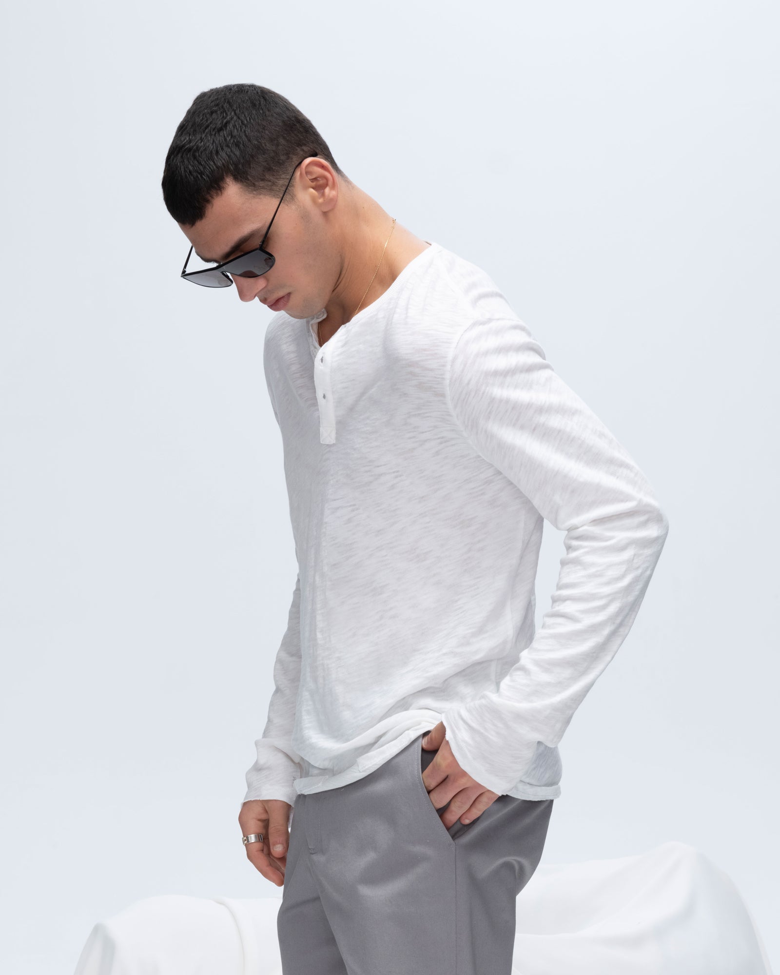 Distressed Slub Jersey Henley T-Shirt for Men - White | Vintage Washed Cotton Tee for Casual Wear & Layering