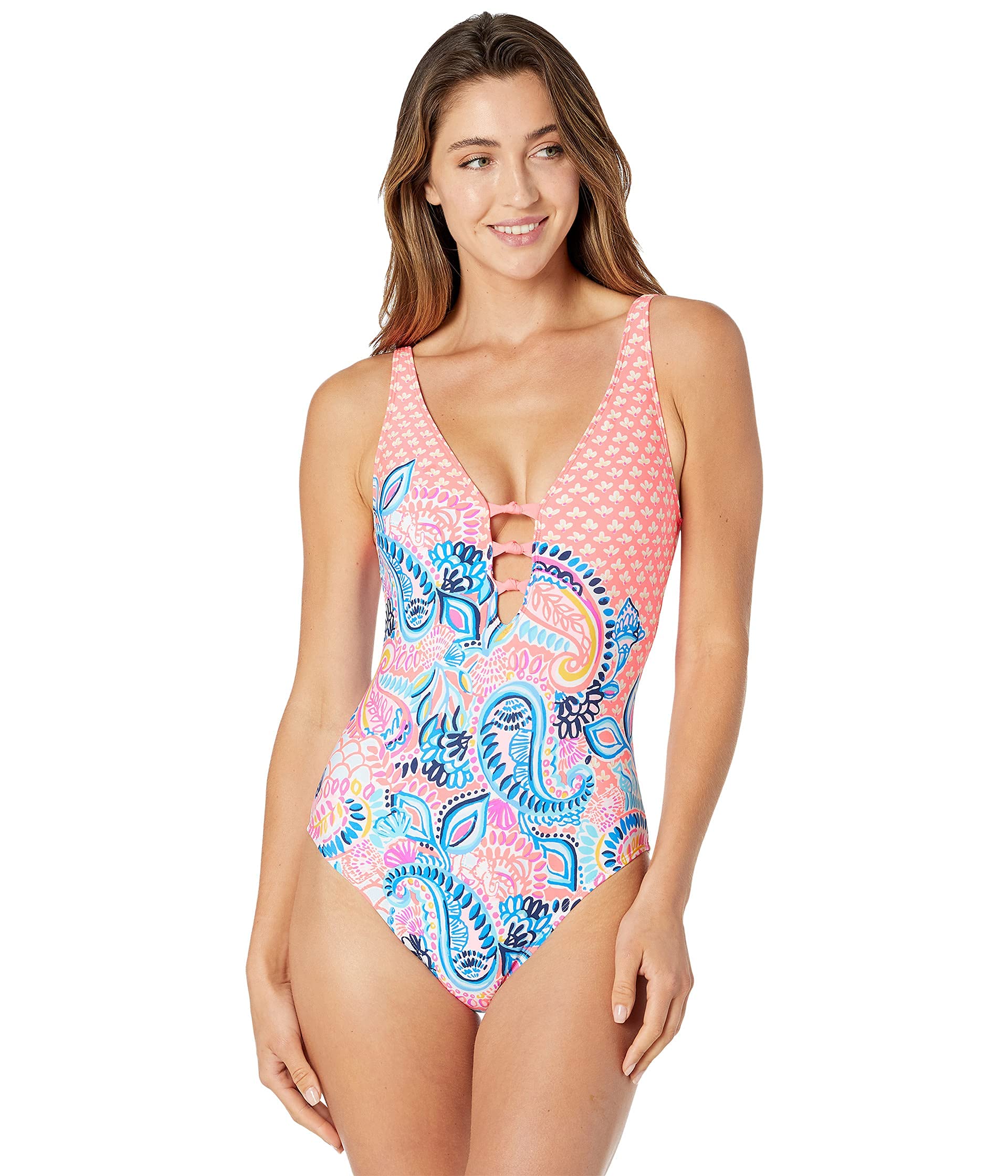 Lilly Pulitzer Jaspen Women's One-Piece Swimsuit - Plunge Neckline with Removable Soft Cups, Sexy & Supportive Lightweight Bathing Suit | Perfect for Beach Vacations, Pool Parties & Summer Getaways