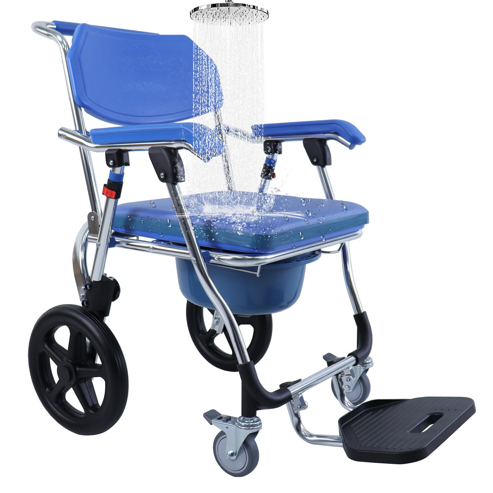 Folding Shower Commode Wheelchair - 300lbs Capacity Bariatric Commode Chair with Padded Seat, Waterproof Rolling Shower Chair with Armrests & Backrest, Mobility Aid for Elderly & Disabled - Ideal for Small Bathrooms & Home Care Use